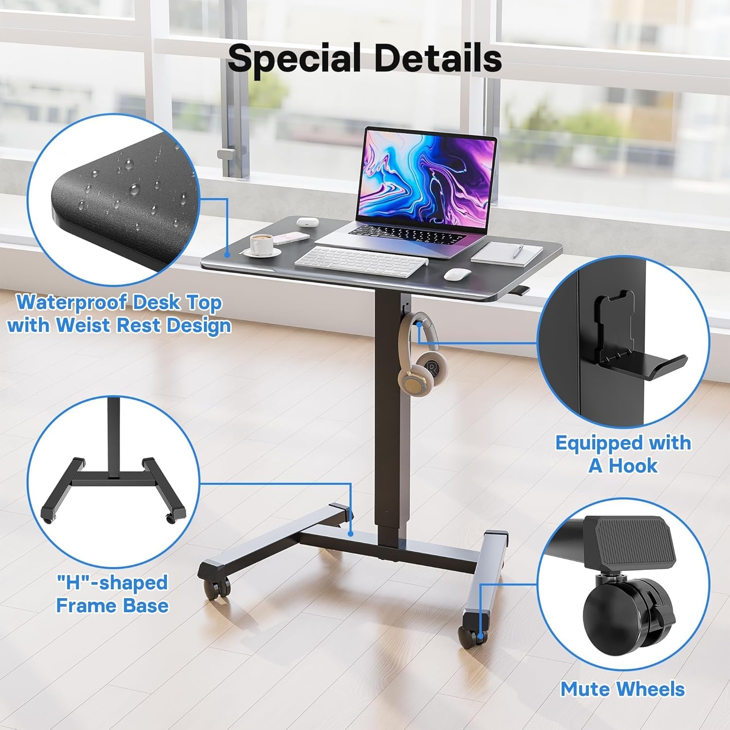 image:imageBONTEC Mobile Standing Desk Adjustable Height Rolling Laptop Cart with Hook Portable Workstation with Pneumatic Lift Ergonomic Table with Wheels Compact Home Office Desk Black 256 x 177Black