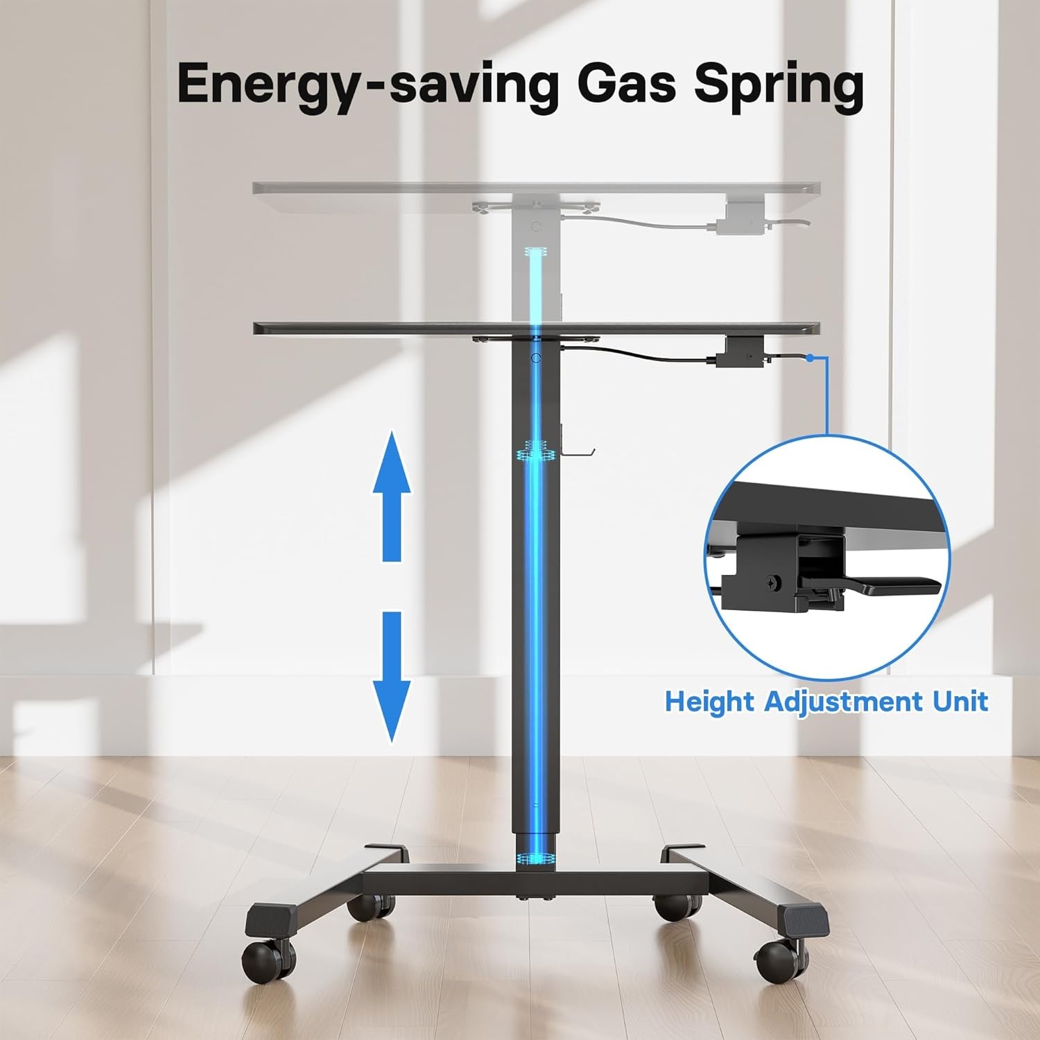 image:imageBONTEC Mobile Standing Desk Adjustable Height Rolling Laptop Cart with Hook Portable Workstation with Pneumatic Lift Ergonomic Table with Wheels Compact Home Office Desk Black 256 x 177Black