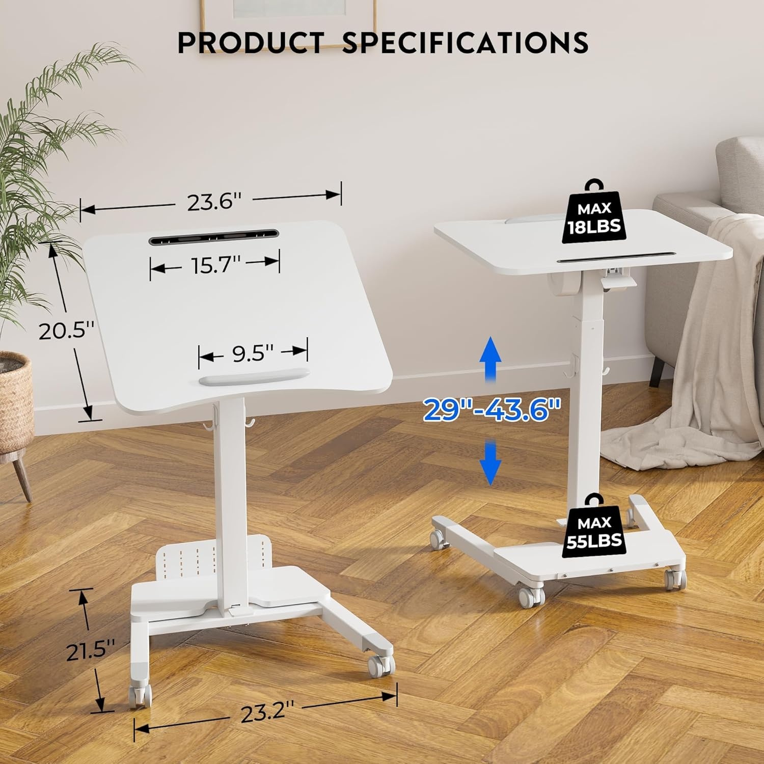 image:imageBONTEC Mobile Standing Desk Adjustable Height Rolling Laptop Cart with Hook Portable Workstation with Pneumatic Lift Ergonomic Table with Wheels Compact Home Office Desk Black 256 x 177White