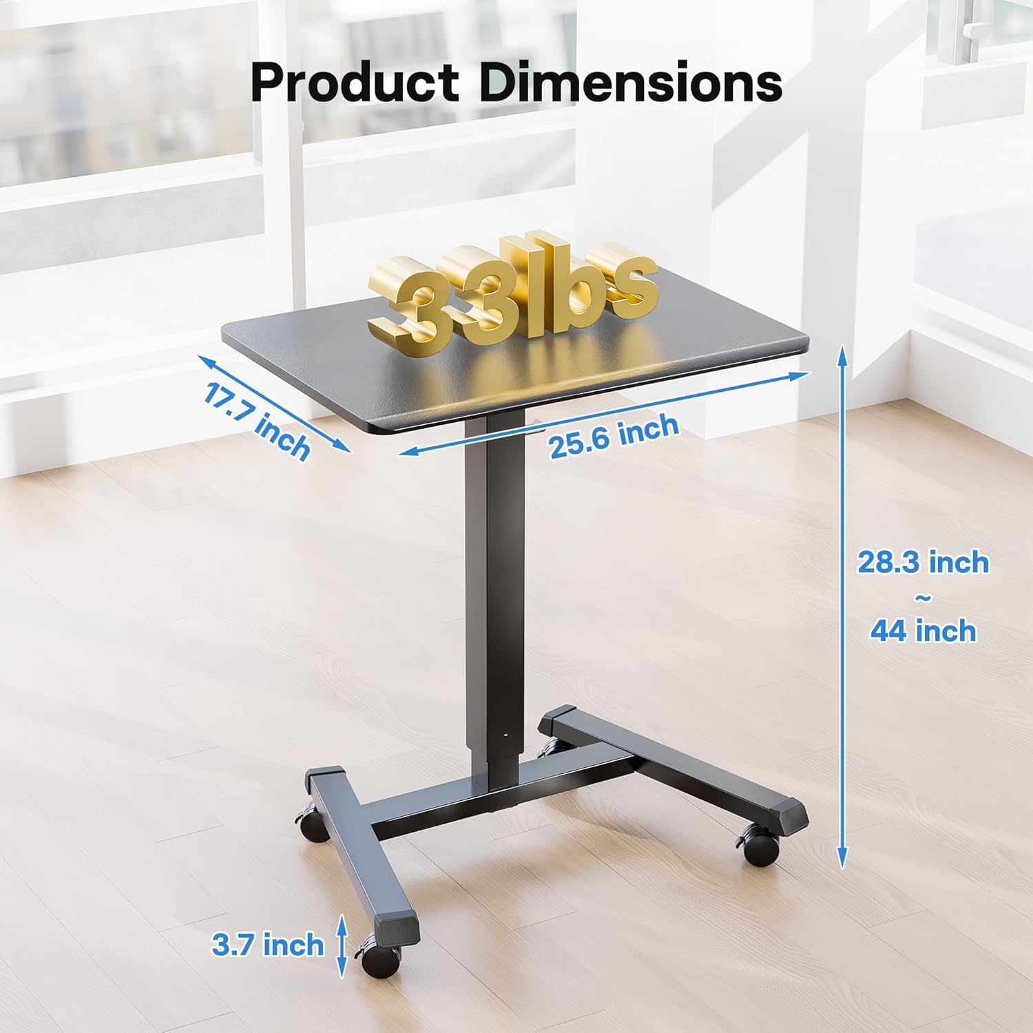 image:imageBONTEC Mobile Standing Desk Adjustable Height Rolling Laptop Cart with Hook Portable Workstation with Pneumatic Lift Ergonomic Table with Wheels Compact Home Office Desk Black 256 x 177Black