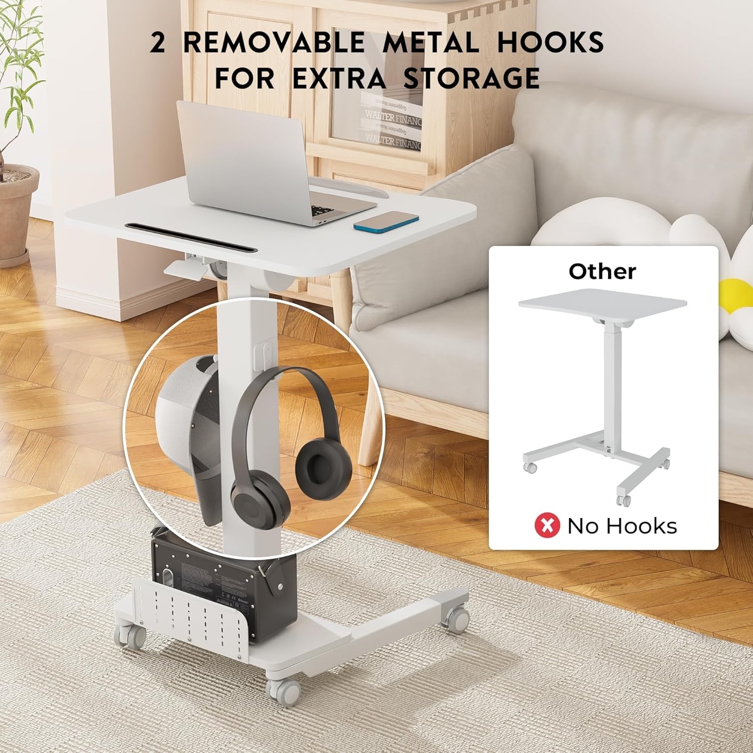 image:imageBONTEC Mobile Standing Desk Adjustable Height Rolling Laptop Cart with Hook Portable Workstation with Pneumatic Lift Ergonomic Table with Wheels Compact Home Office Desk Black 256 x 177White