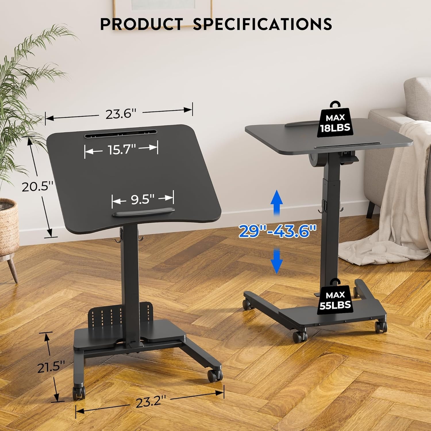 image:imageBONTEC Mobile Standing Desk Adjustable Height Rolling Laptop Cart with Hook Portable Workstation with Pneumatic Lift Ergonomic Table with Wheels Compact Home Office Desk Black 256 x 177Black