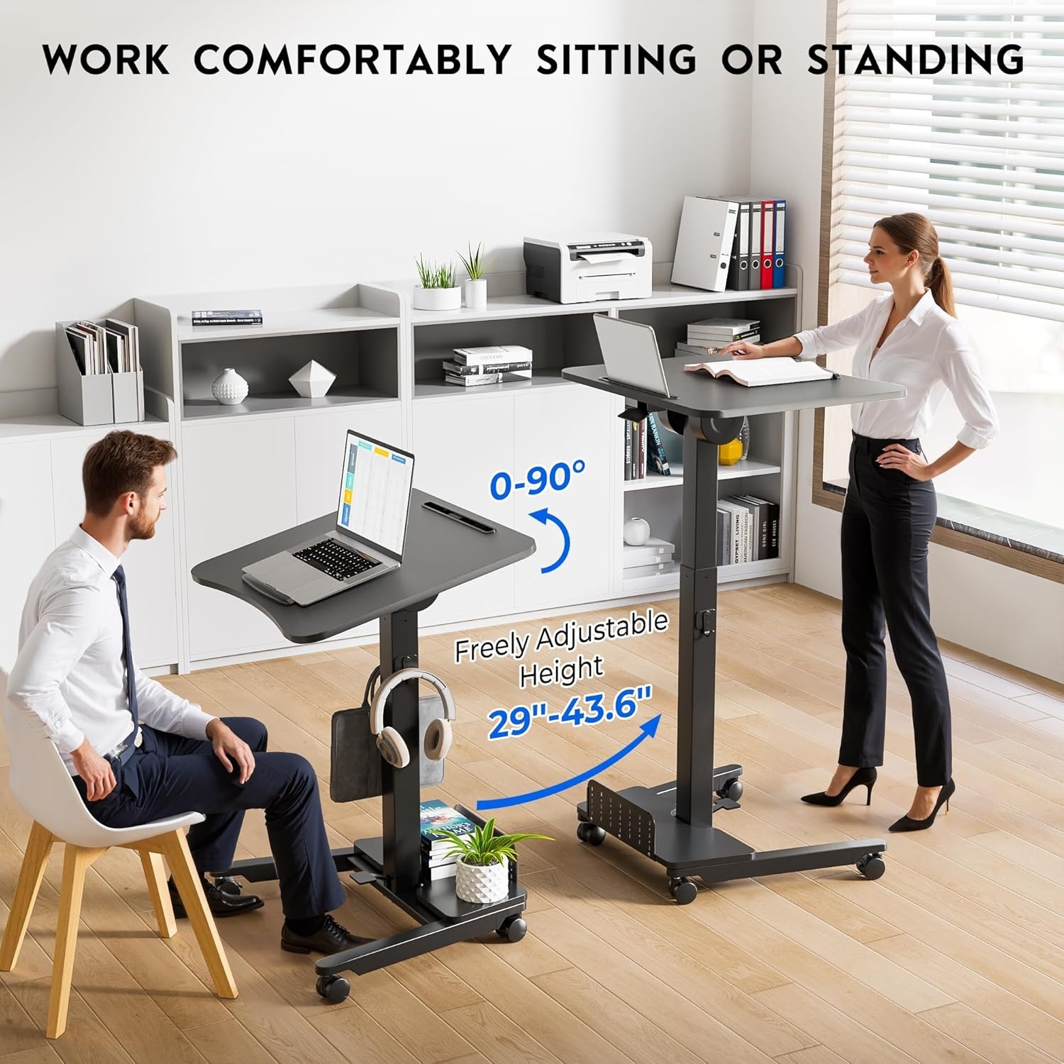 image:imageBONTEC Mobile Standing Desk Adjustable Height Rolling Laptop Cart with Hook Portable Workstation with Pneumatic Lift Ergonomic Table with Wheels Compact Home Office Desk Black 256 x 177Black