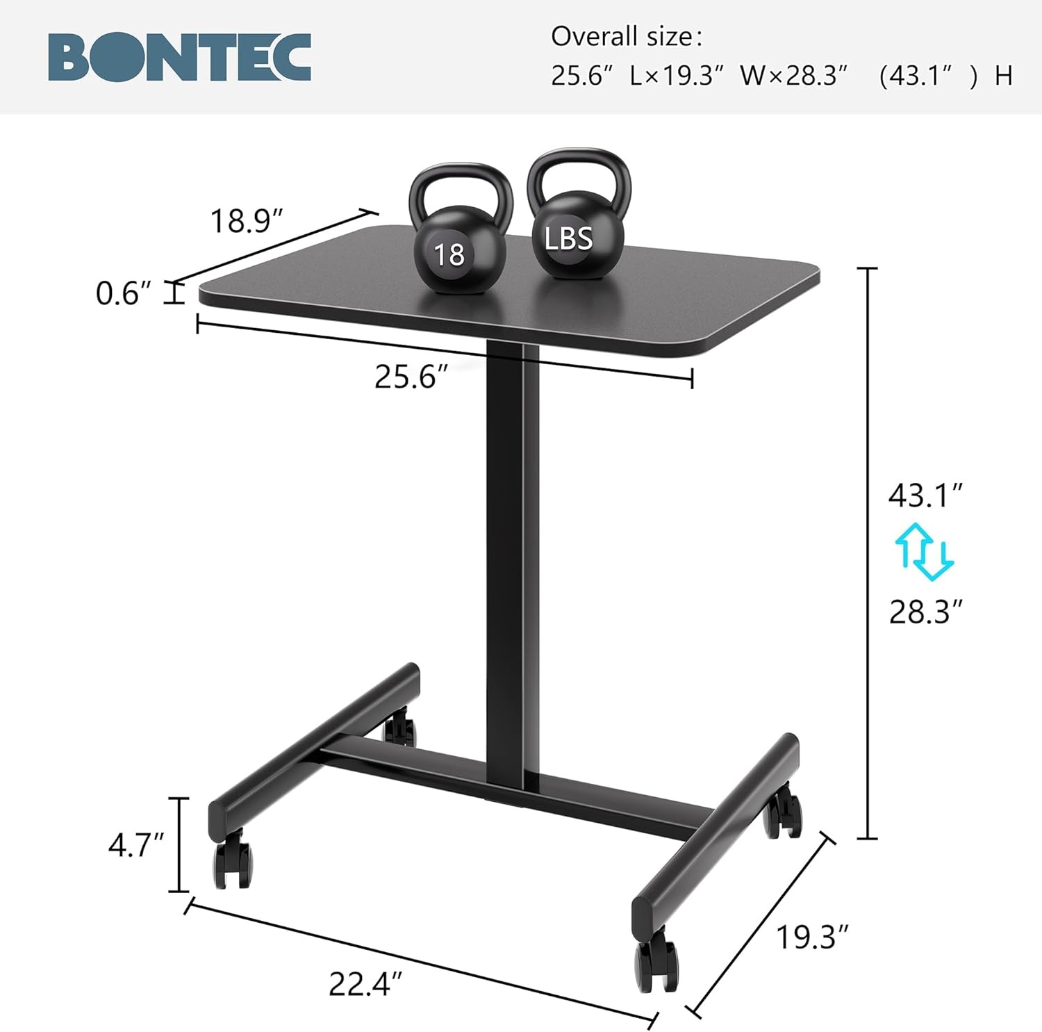 image:imageBONTEC Mobile Standing Desk Adjustable Height Rolling Laptop Cart with Hook Portable Workstation with Pneumatic Lift Ergonomic Table with Wheels Compact Home Office Desk Black 256 x 177Black