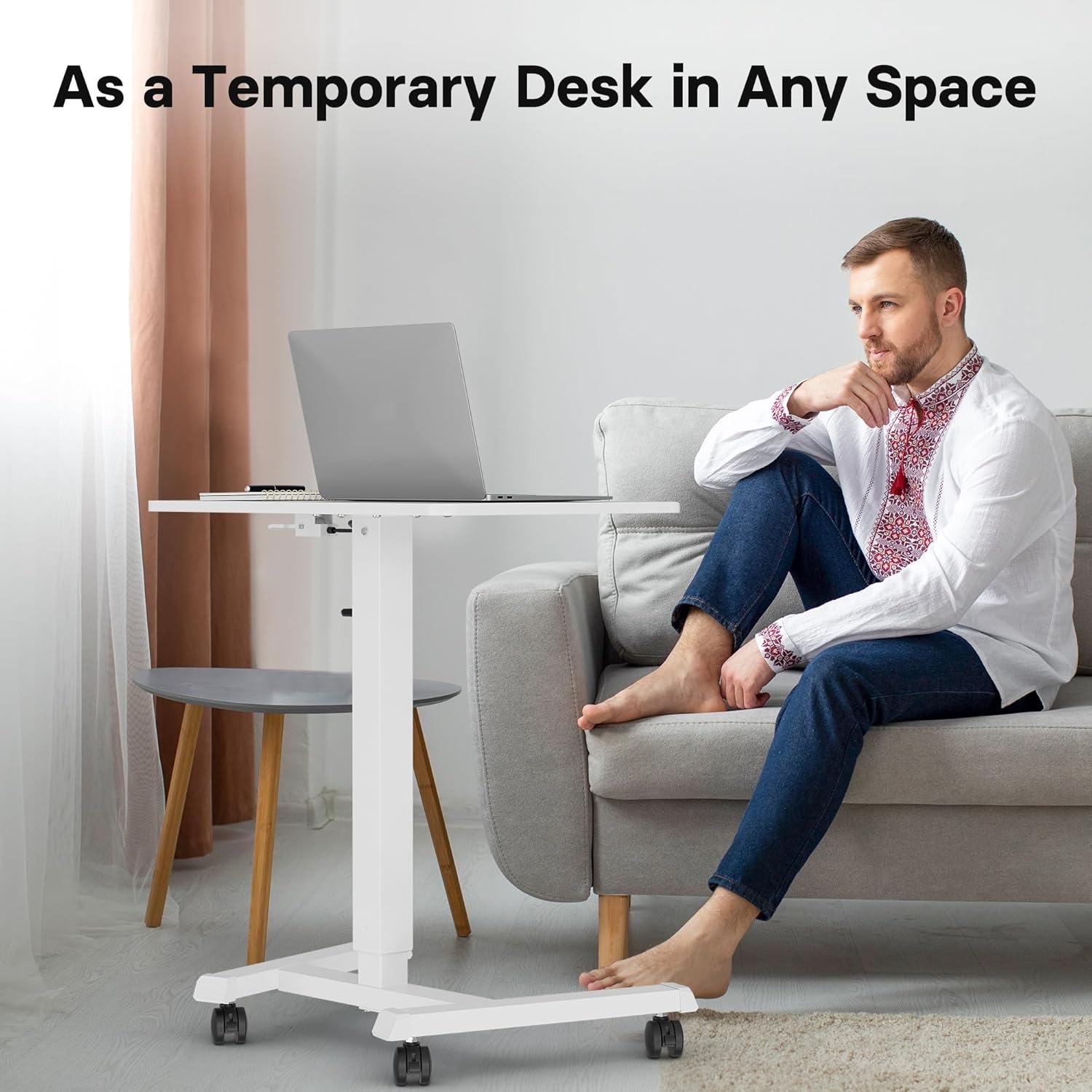 image:imageBONTEC Mobile Standing Desk Adjustable Height Rolling Laptop Cart with Hook Portable Workstation with Pneumatic Lift Ergonomic Table with Wheels Compact Home Office Desk Black 256 x 177White