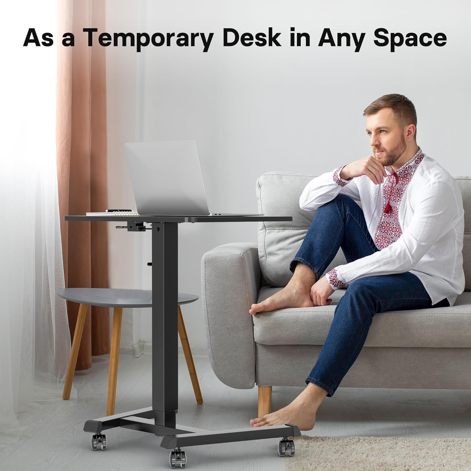 image:imageBONTEC Mobile Standing Desk Adjustable Height Rolling Laptop Cart with Hook Portable Workstation with Pneumatic Lift Ergonomic Table with Wheels Compact Home Office Desk Black 256 x 177Black