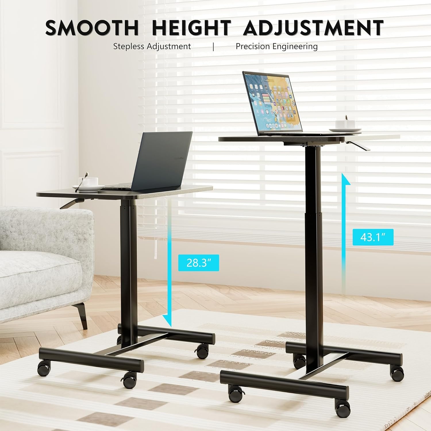 image:imageBONTEC Mobile Standing Desk Adjustable Height Rolling Laptop Cart with Hook Portable Workstation with Pneumatic Lift Ergonomic Table with Wheels Compact Home Office Desk Black 256 x 177Black