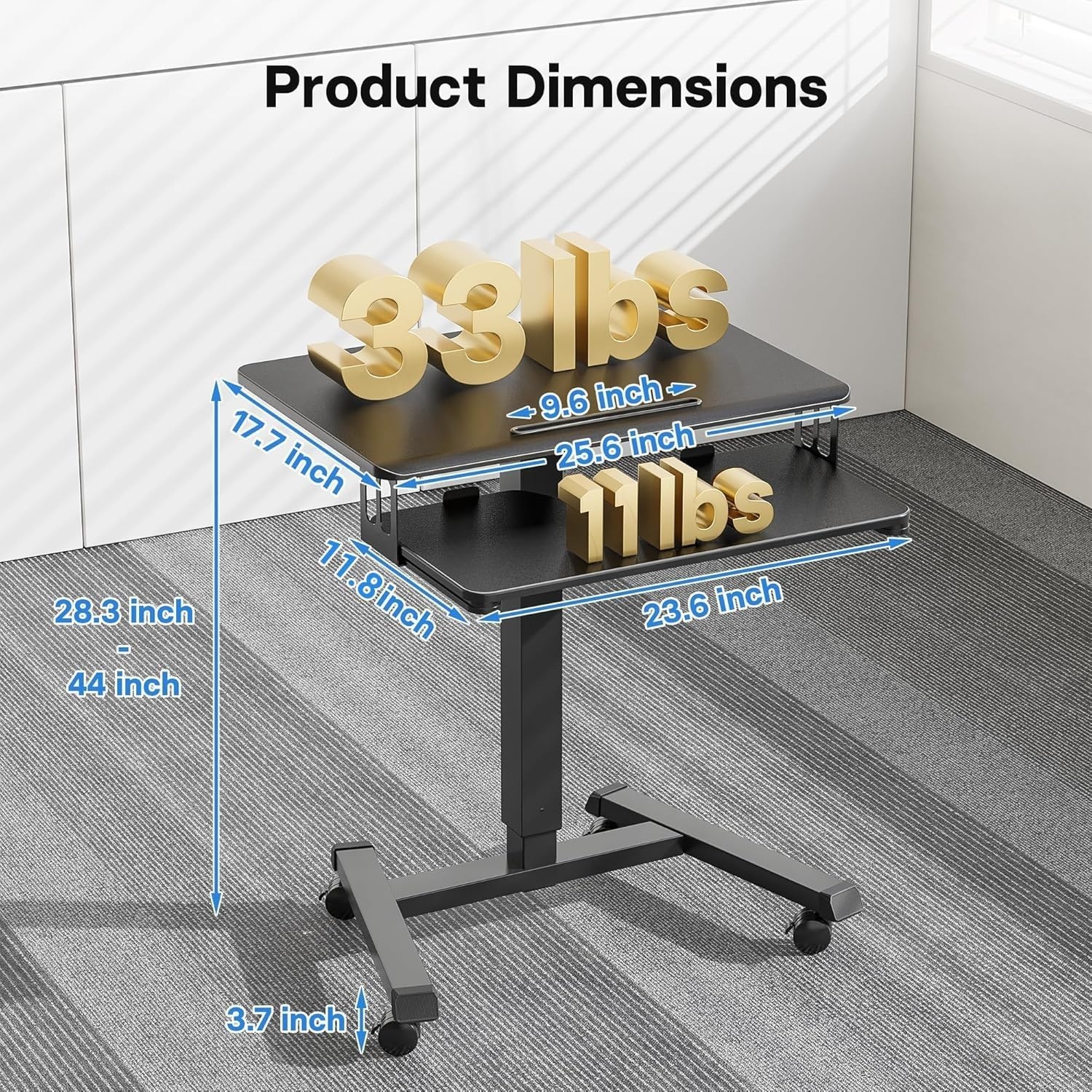 image:imageBONTEC Mobile Standing Desk with Keyboard Tray Mobile Podium Rolling Laptop Sit Stand Desk on Wheels Adjustable Height Desk Up to 33lbs Portable Computer Workstation Cart for Living Room OfficeBlack