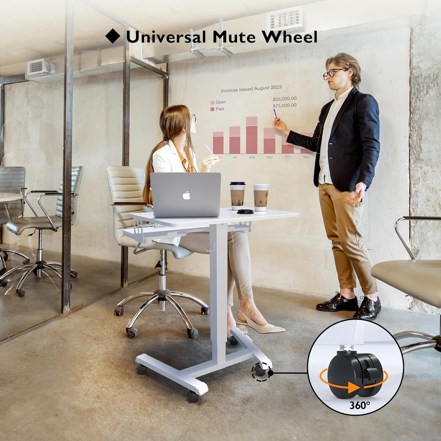 image:imageBONTEC Mobile Standing Desk with Keyboard Tray Mobile Podium Rolling Laptop Sit Stand Desk on Wheels Adjustable Height Desk Up to 33lbs Portable Computer Workstation Cart for Living Room OfficeWhite