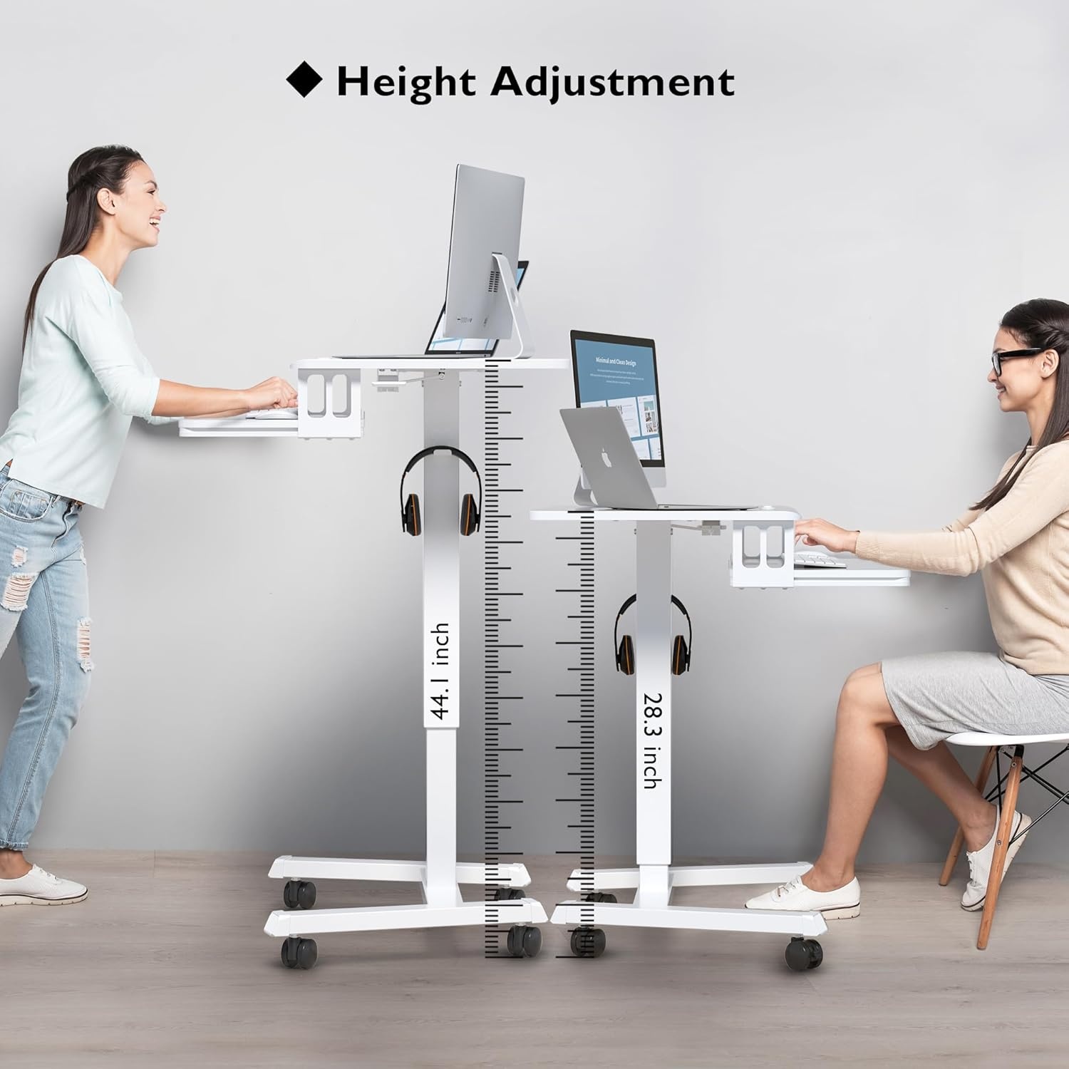 image:imageBONTEC Mobile Standing Desk with Keyboard Tray Mobile Podium Rolling Laptop Sit Stand Desk on Wheels Adjustable Height Desk Up to 33lbs Portable Computer Workstation Cart for Living Room OfficeWhite