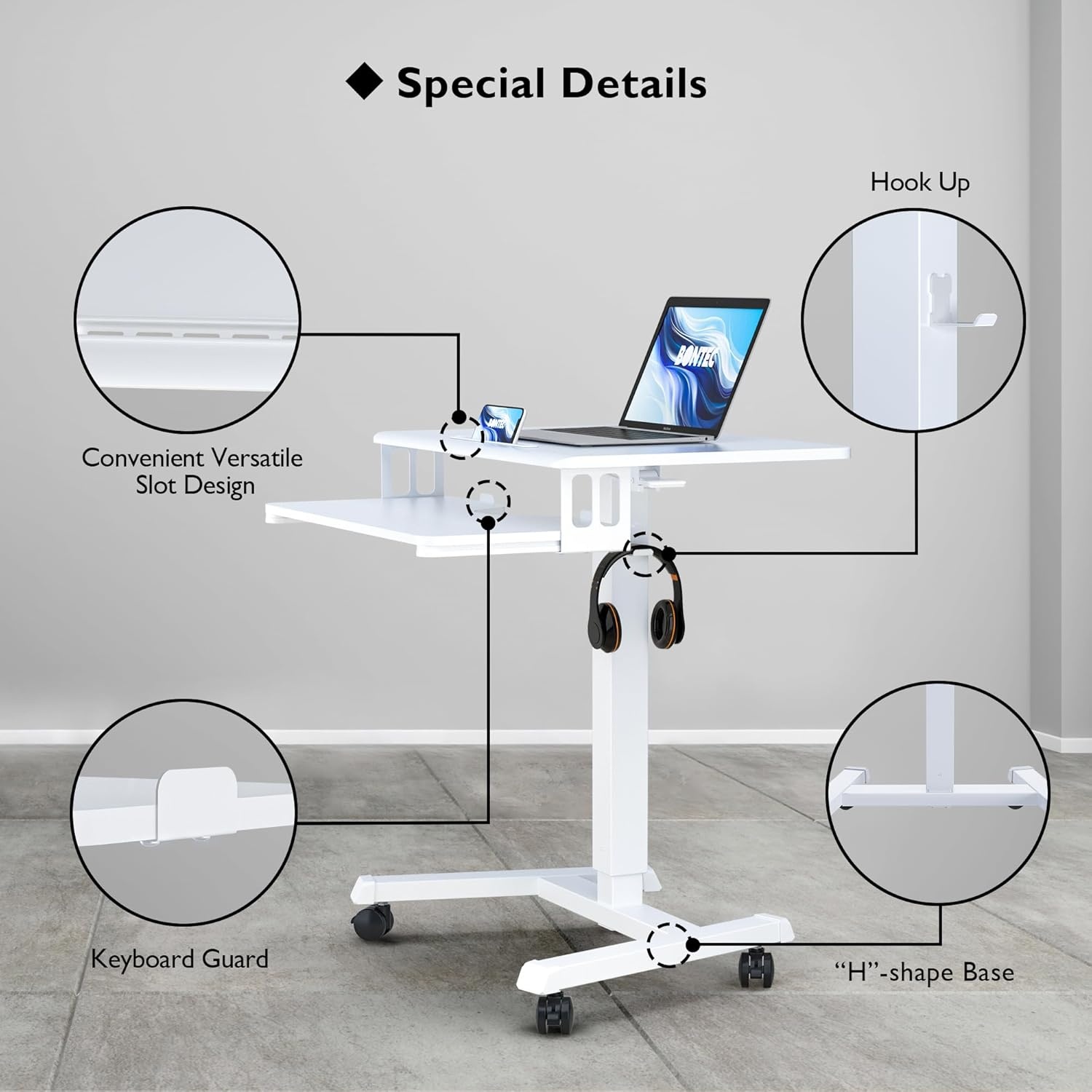 image:imageBONTEC Mobile Standing Desk with Keyboard Tray Mobile Podium Rolling Laptop Sit Stand Desk on Wheels Adjustable Height Desk Up to 33lbs Portable Computer Workstation Cart for Living Room OfficeWhite