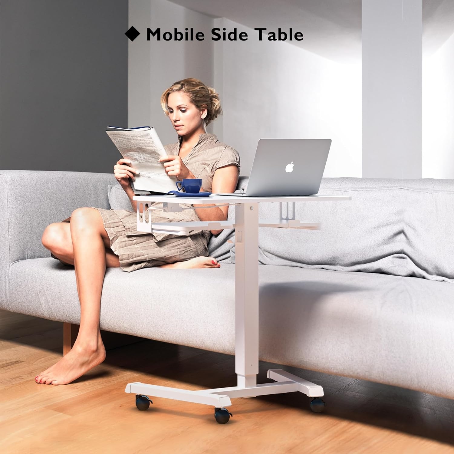 image:imageBONTEC Mobile Standing Desk with Keyboard Tray Mobile Podium Rolling Laptop Sit Stand Desk on Wheels Adjustable Height Desk Up to 33lbs Portable Computer Workstation Cart for Living Room OfficeWhite