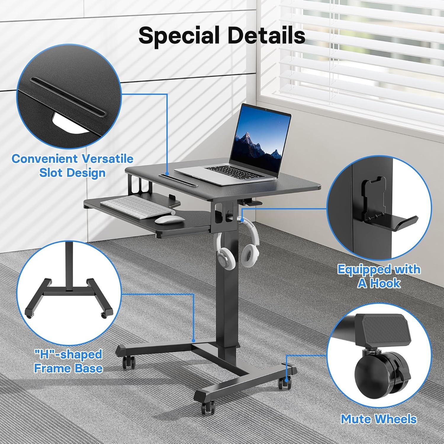 image:imageBONTEC Mobile Standing Desk with Keyboard Tray Mobile Podium Rolling Laptop Sit Stand Desk on Wheels Adjustable Height Desk Up to 33lbs Portable Computer Workstation Cart for Living Room OfficeBlack