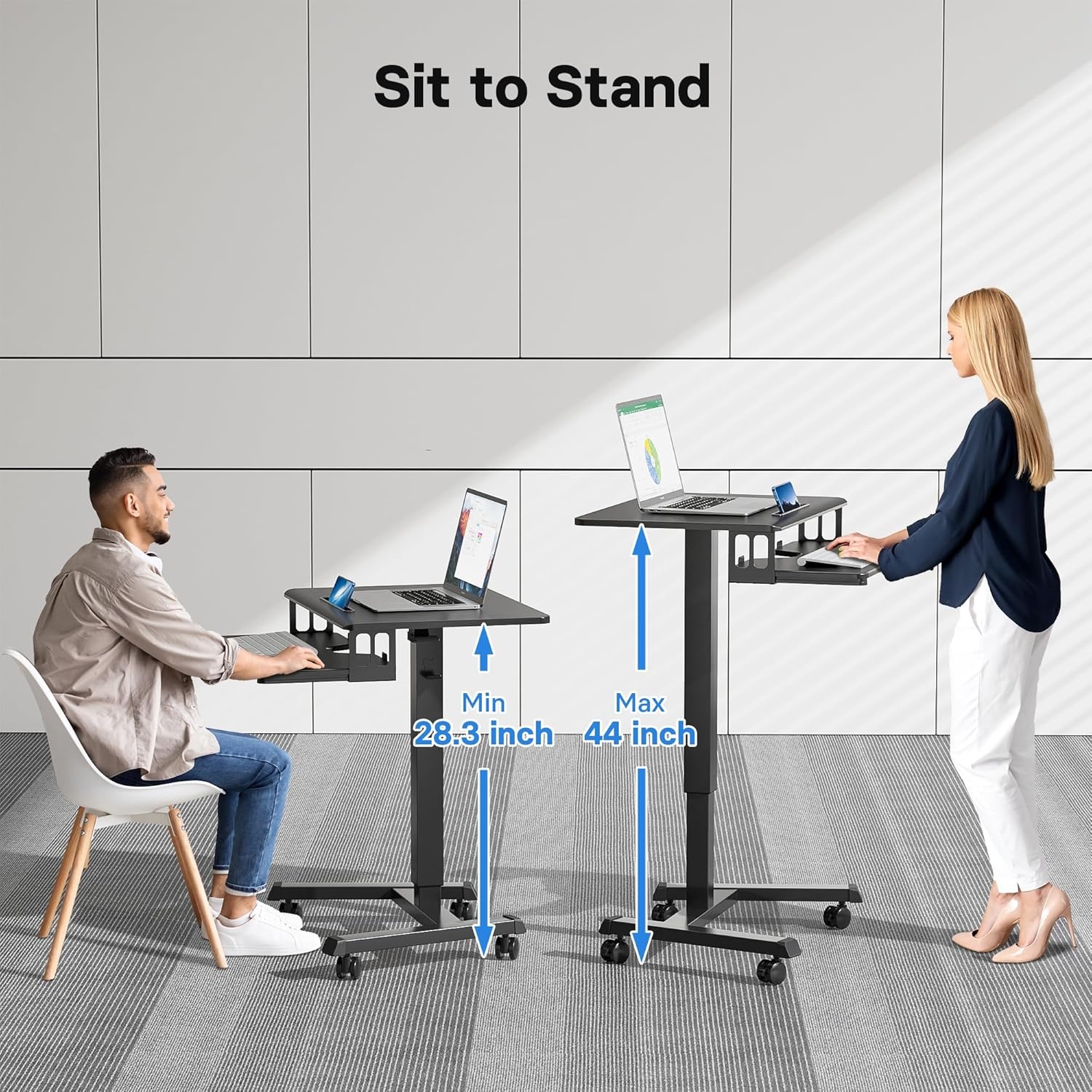 image:imageBONTEC Mobile Standing Desk with Keyboard Tray Mobile Podium Rolling Laptop Sit Stand Desk on Wheels Adjustable Height Desk Up to 33lbs Portable Computer Workstation Cart for Living Room OfficeBlack