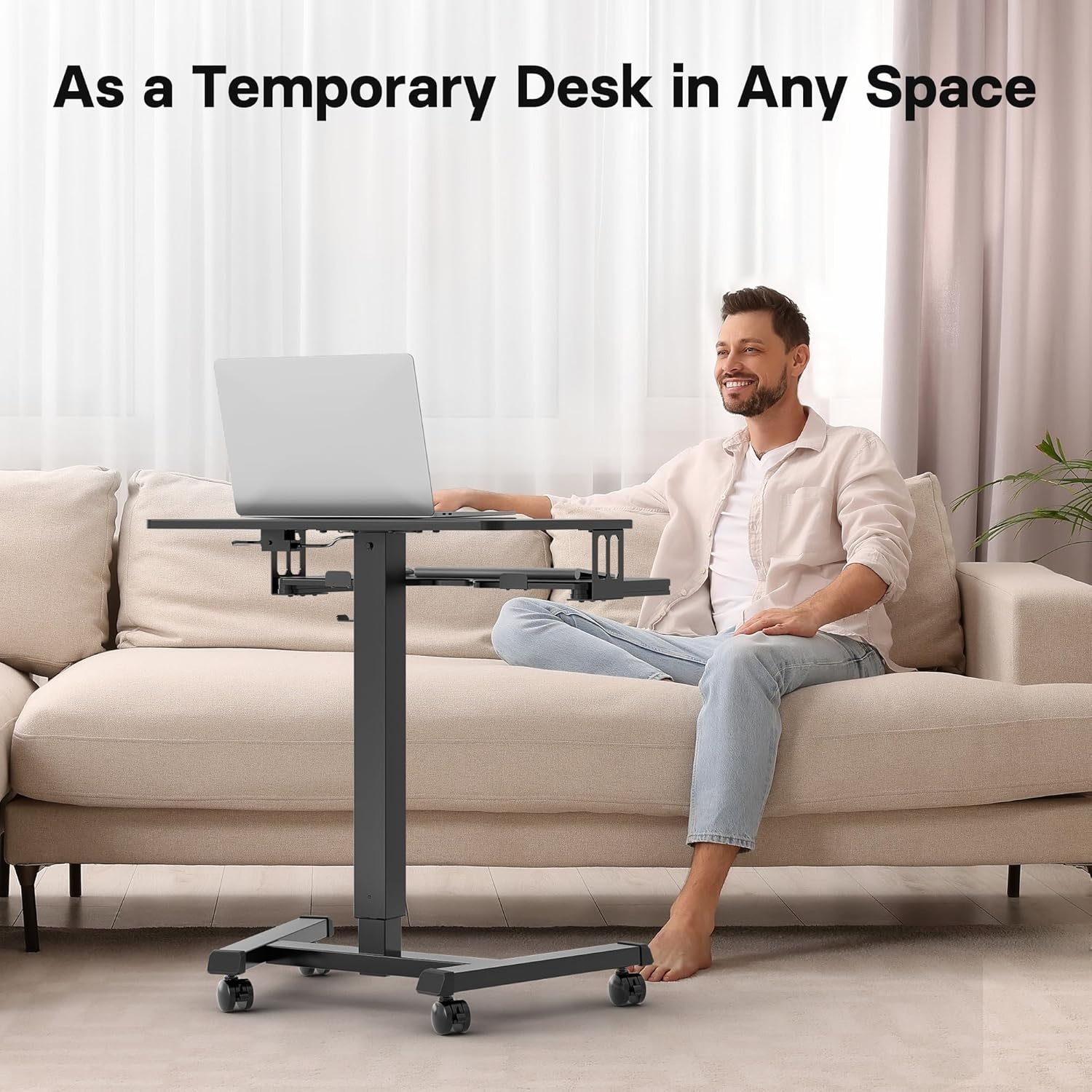 image:imageBONTEC Mobile Standing Desk with Keyboard Tray Mobile Podium Rolling Laptop Sit Stand Desk on Wheels Adjustable Height Desk Up to 33lbs Portable Computer Workstation Cart for Living Room OfficeBlack