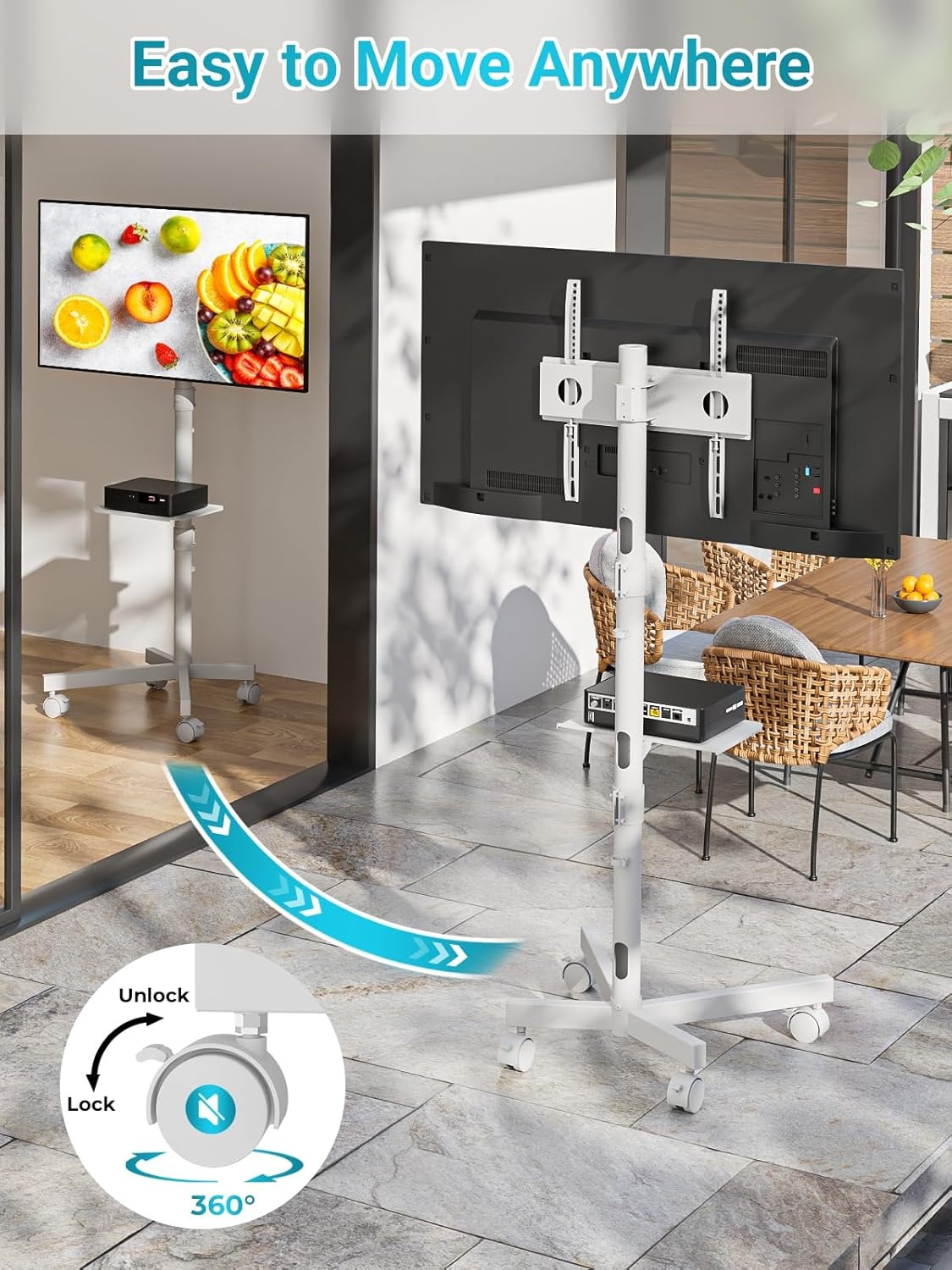image:imageBONTEC Mobile TV Stand for 2365 Inch TVs Rolling TV Stand with Locking Wheels Adjustable Height Media Shelf Outdoor TV Stand Max VESA 400x400mm Holds Up to 88lbsWhite