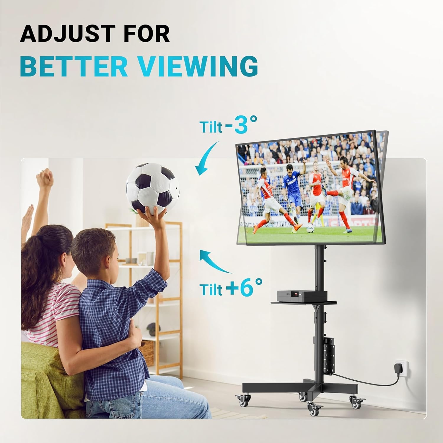 image:imageBONTEC Mobile TV Stand for 2365 Inch TVs Rolling TV Stand with Locking Wheels Adjustable Height Media Shelf Outdoor TV Stand Max VESA 400x400mm Holds Up to 88lbsBlack