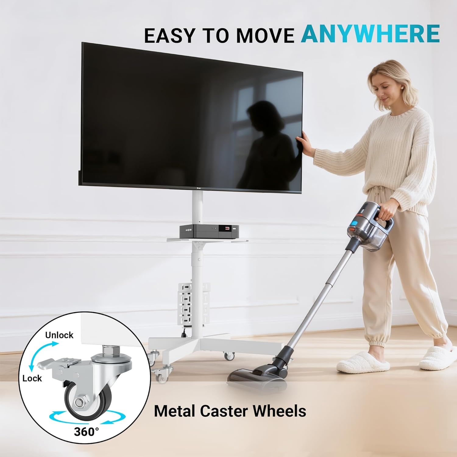 image:imageBONTEC Mobile TV Stand for 2365 Inch TVs Rolling TV Stand with Locking Wheels Adjustable Height Media Shelf Outdoor TV Stand Max VESA 400x400mm Holds Up to 88lbsWhite