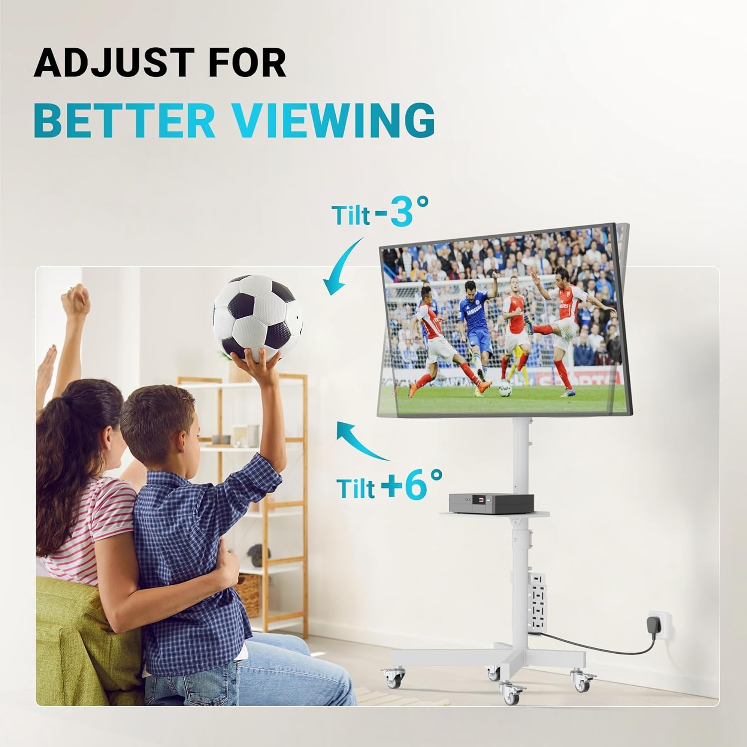 image:imageBONTEC Mobile TV Stand for 2365 Inch TVs Rolling TV Stand with Locking Wheels Adjustable Height Media Shelf Outdoor TV Stand Max VESA 400x400mm Holds Up to 88lbsWhite