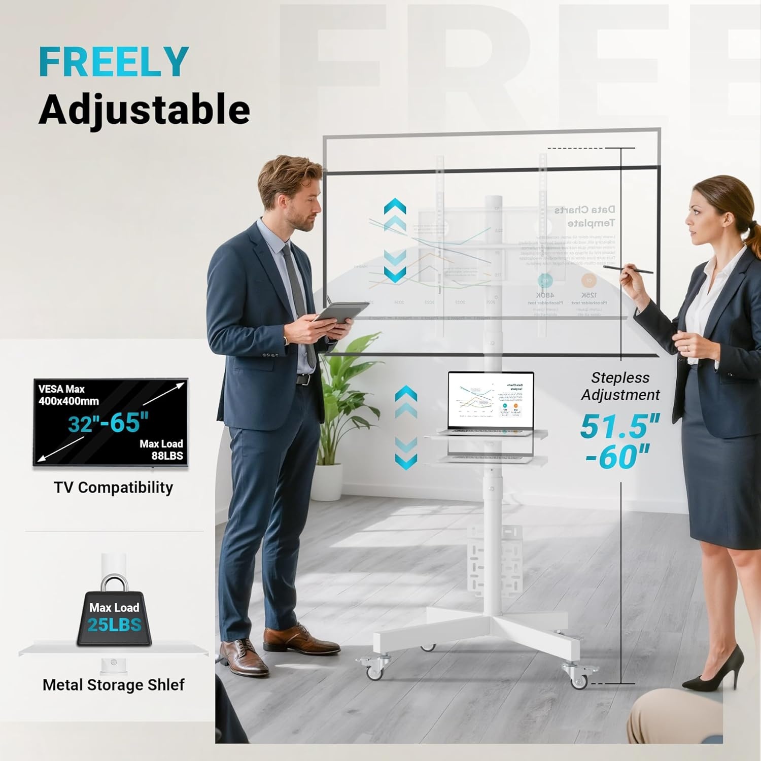 image:imageBONTEC Mobile TV Stand for 2365 Inch TVs Rolling TV Stand with Locking Wheels Adjustable Height Media Shelf Outdoor TV Stand Max VESA 400x400mm Holds Up to 88lbsWhite