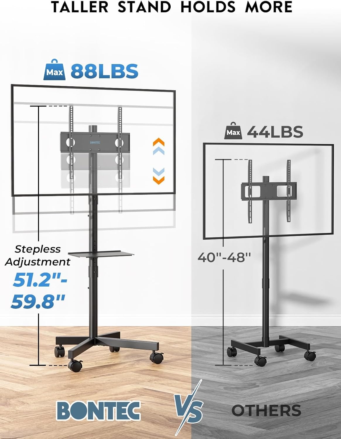 image:imageBONTEC Mobile TV Stand for 2365 Inch TVs Rolling TV Stand with Locking Wheels Adjustable Height Media Shelf Outdoor TV Stand Max VESA 400x400mm Holds Up to 88lbsBlack