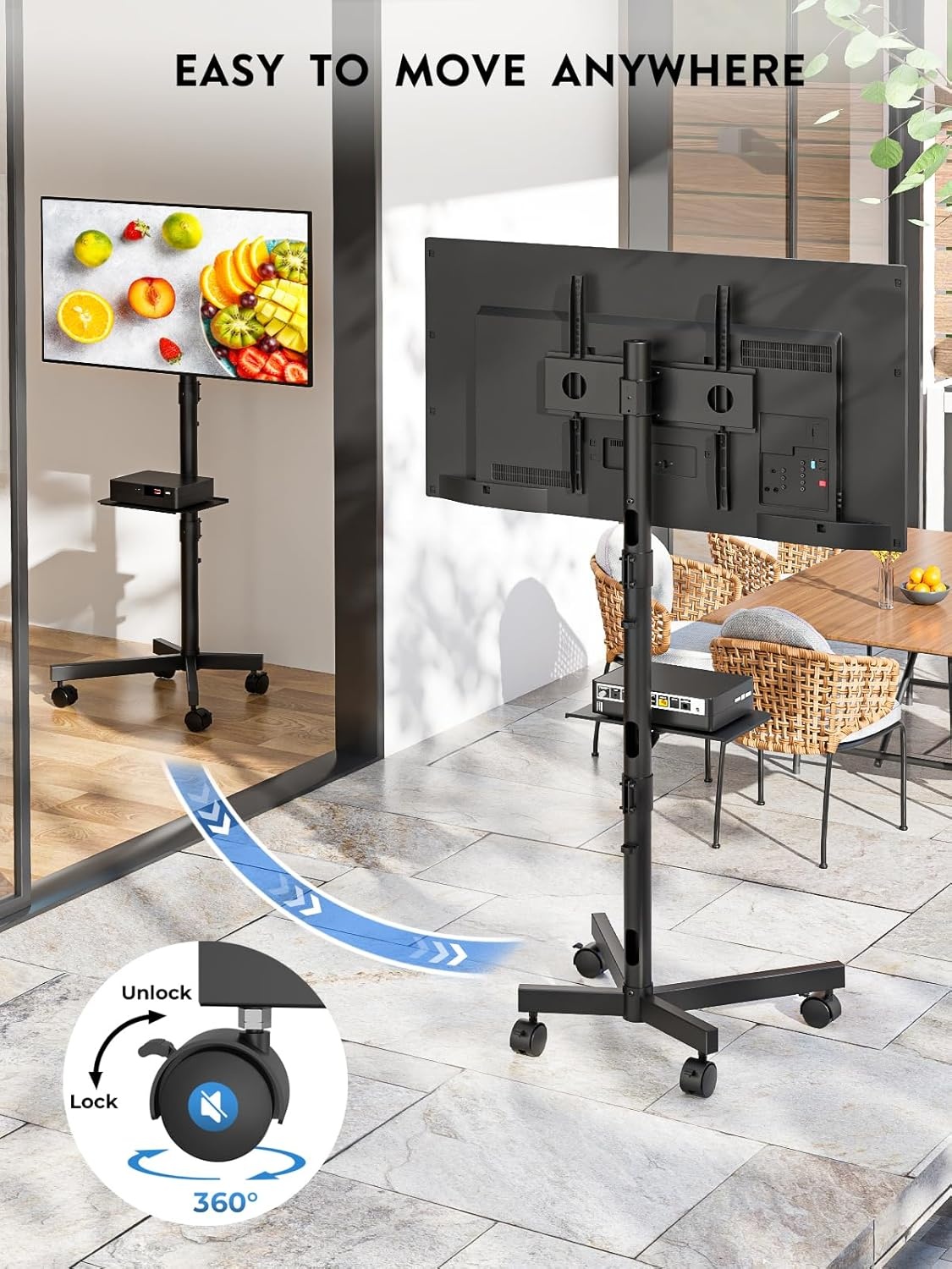 image:imageBONTEC Mobile TV Stand for 2365 Inch TVs Rolling TV Stand with Locking Wheels Adjustable Height Media Shelf Outdoor TV Stand Max VESA 400x400mm Holds Up to 88lbsBlack