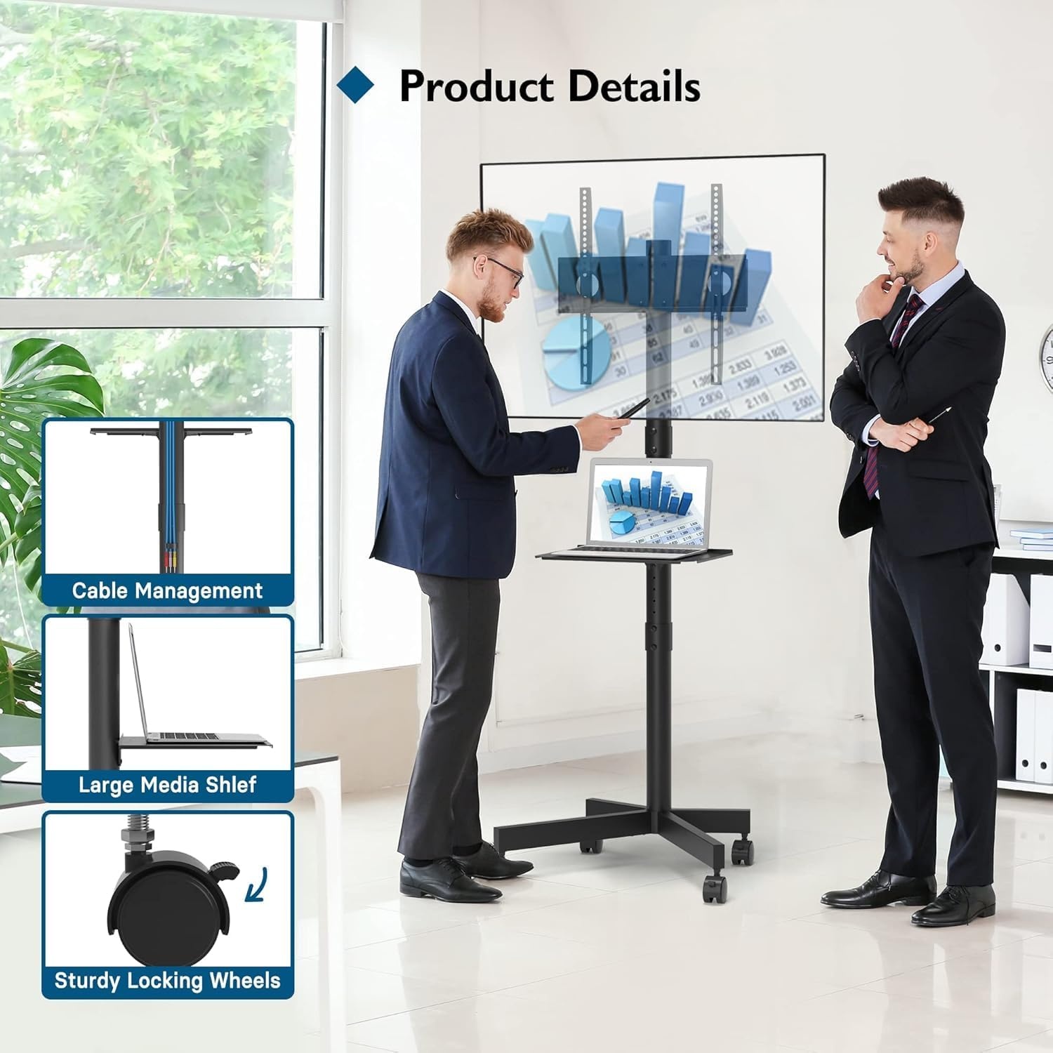 image:imageBONTEC Mobile TV Stand for 2365 Inch TVs Rolling TV Stand with Locking Wheels Adjustable Height Media Shelf Outdoor TV Stand Max VESA 400x400mm Holds Up to 88lbsBlack