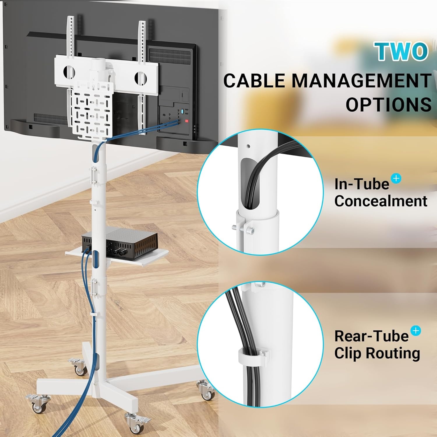 image:imageBONTEC Mobile TV Stand for 2365 Inch TVs Rolling TV Stand with Locking Wheels Adjustable Height Media Shelf Outdoor TV Stand Max VESA 400x400mm Holds Up to 88lbsWhite