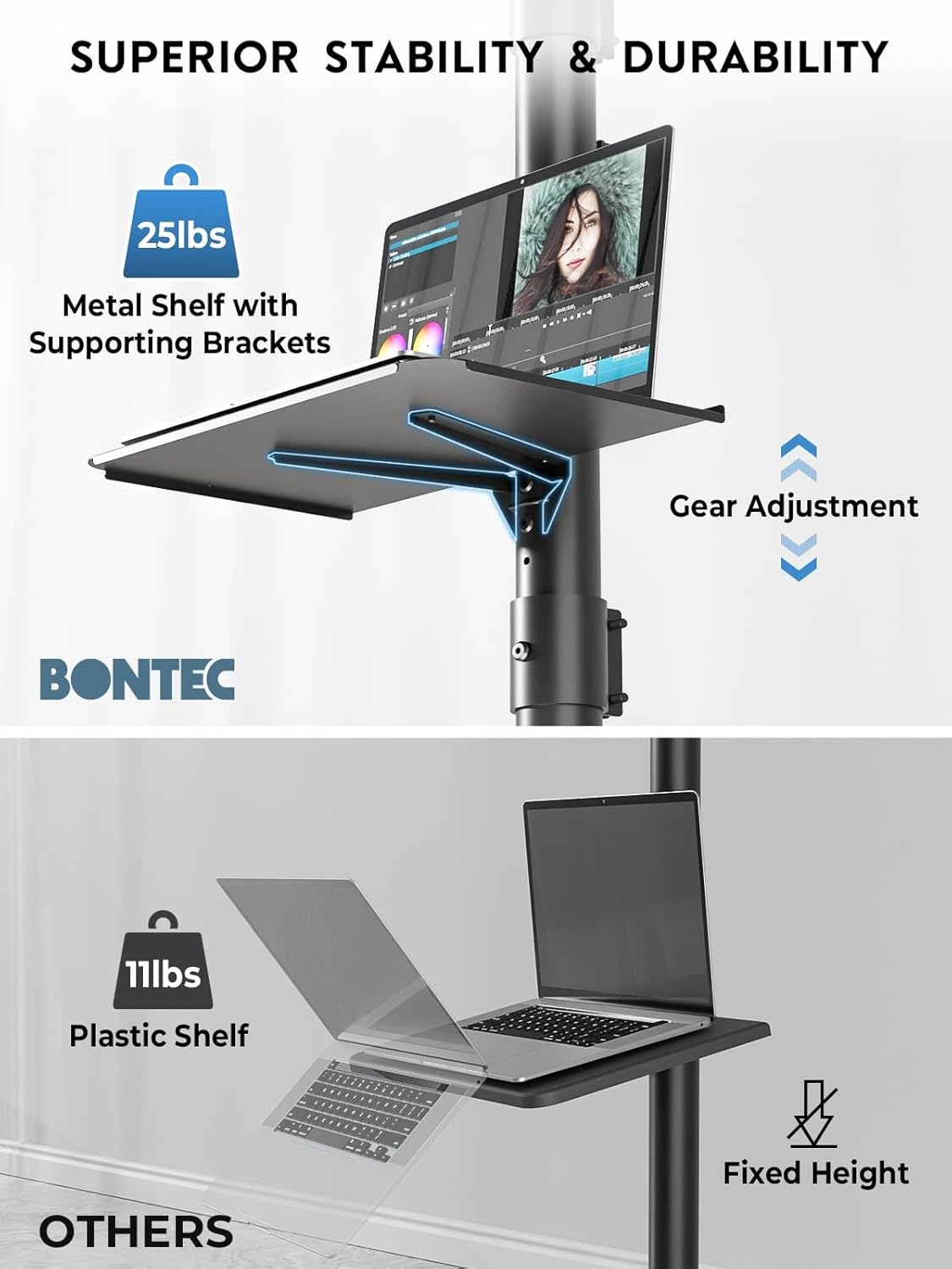 image:imageBONTEC Mobile TV Stand for 2365 Inch TVs Rolling TV Stand with Locking Wheels Adjustable Height Media Shelf Outdoor TV Stand Max VESA 400x400mm Holds Up to 88lbsBlack