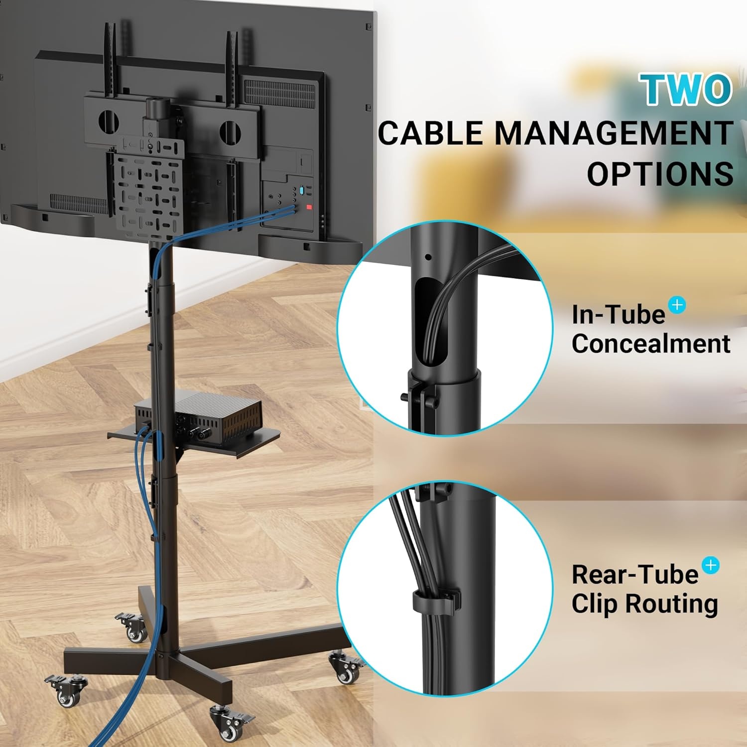 image:imageBONTEC Mobile TV Stand for 2365 Inch TVs Rolling TV Stand with Locking Wheels Adjustable Height Media Shelf Outdoor TV Stand Max VESA 400x400mm Holds Up to 88lbsBlack