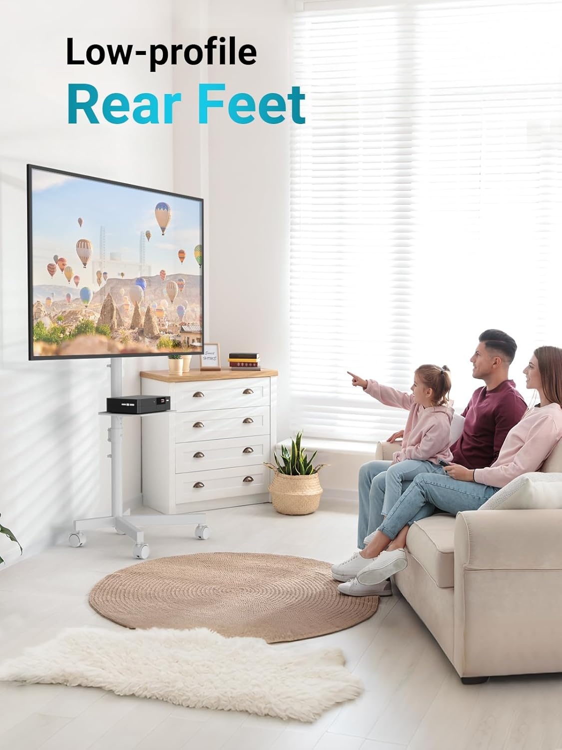 image:imageBONTEC Mobile TV Stand for 2365 Inch TVs Rolling TV Stand with Locking Wheels Adjustable Height Media Shelf Outdoor TV Stand Max VESA 400x400mm Holds Up to 88lbsWhite