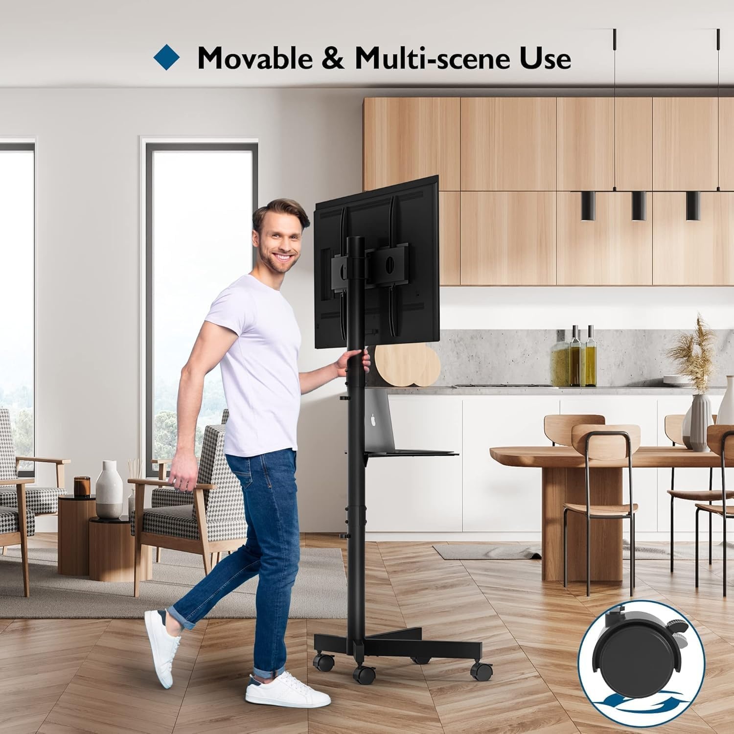 image:imageBONTEC Mobile TV Stand for 2365 Inch TVs Rolling TV Stand with Locking Wheels Adjustable Height Media Shelf Outdoor TV Stand Max VESA 400x400mm Holds Up to 88lbsBlack