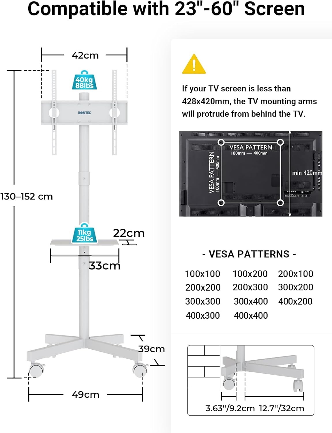 image:imageBONTEC Mobile TV Stand for 2365 Inch TVs Rolling TV Stand with Locking Wheels Adjustable Height Media Shelf Outdoor TV Stand Max VESA 400x400mm Holds Up to 88lbsWhite