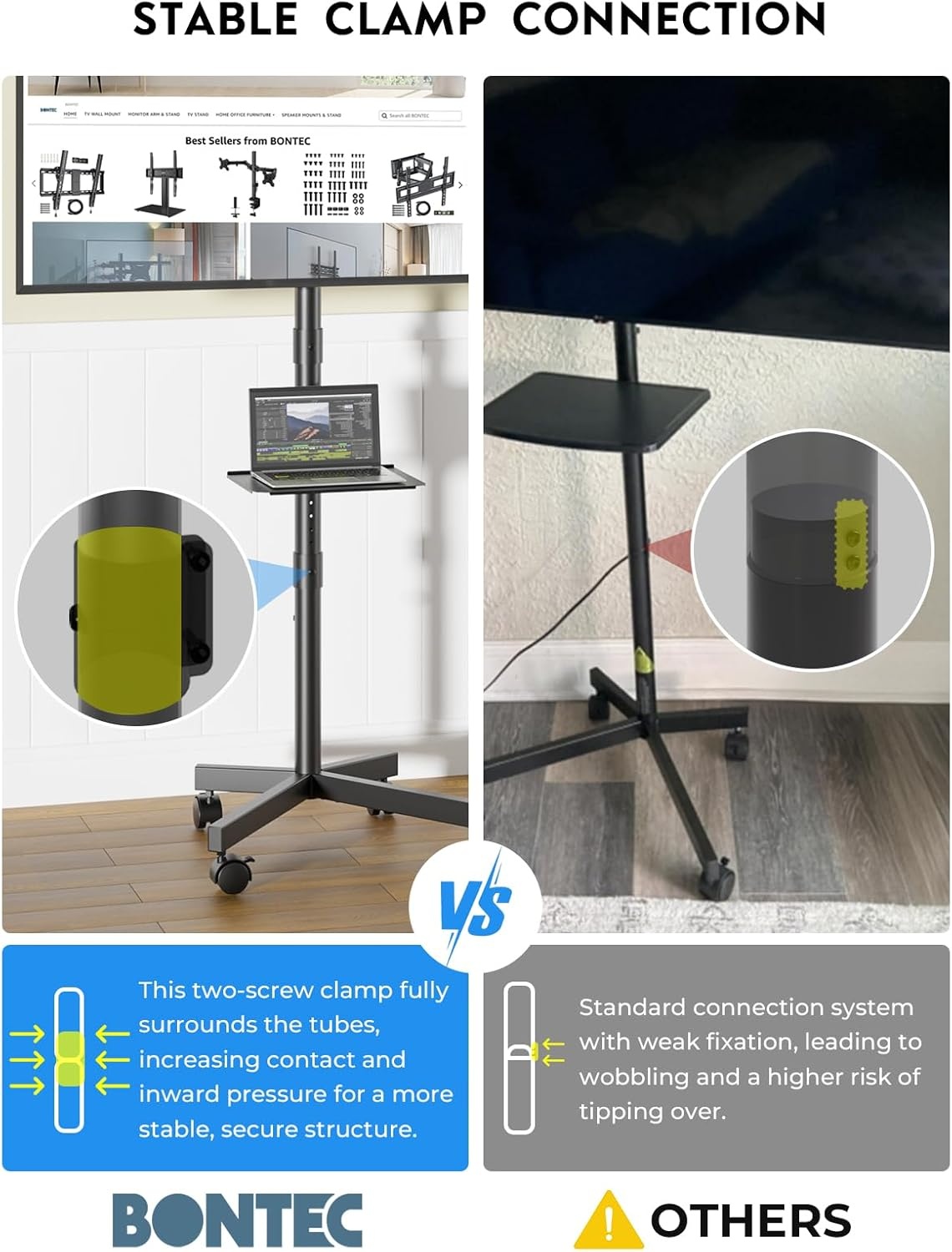 image:imageBONTEC Mobile TV Stand for 2365 Inch TVs Rolling TV Stand with Locking Wheels Adjustable Height Media Shelf Outdoor TV Stand Max VESA 400x400mm Holds Up to 88lbsBlack