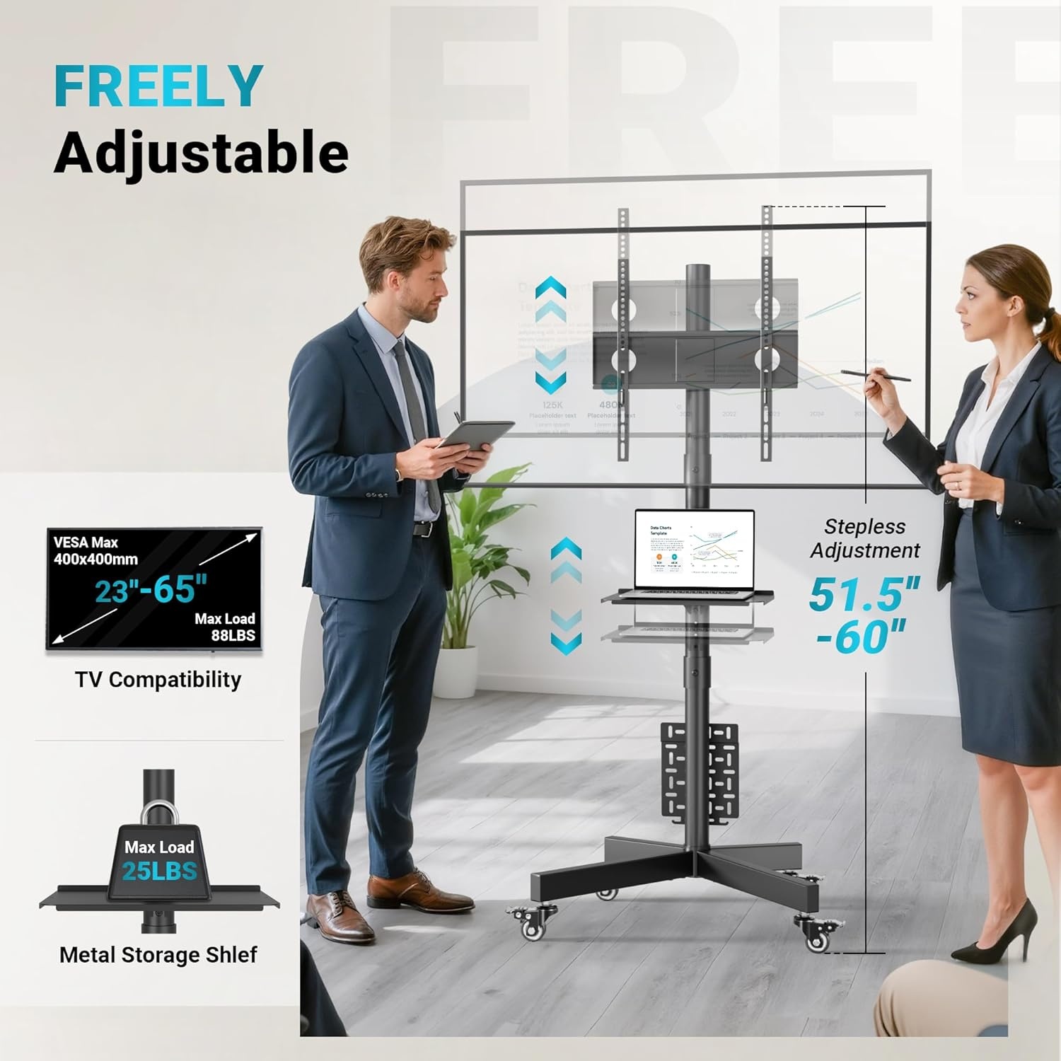 image:imageBONTEC Mobile TV Stand for 2365 Inch TVs Rolling TV Stand with Locking Wheels Adjustable Height Media Shelf Outdoor TV Stand Max VESA 400x400mm Holds Up to 88lbsBlack