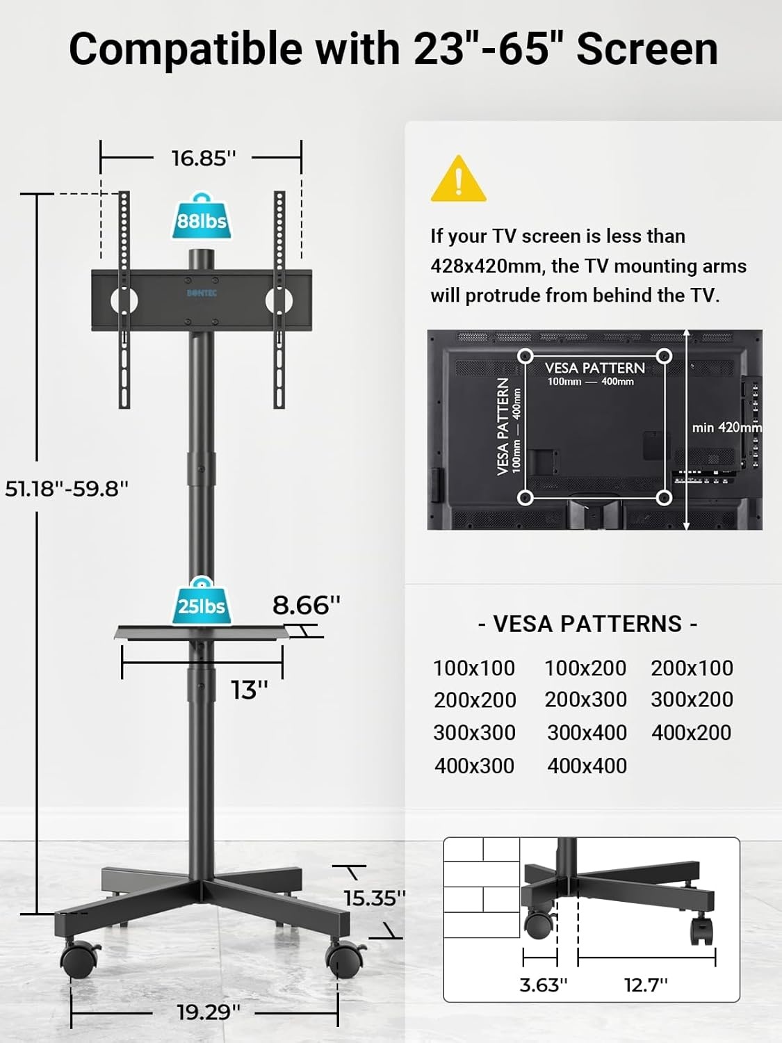image:imageBONTEC Mobile TV Stand for 2365 Inch TVs Rolling TV Stand with Locking Wheels Adjustable Height Media Shelf Outdoor TV Stand Max VESA 400x400mm Holds Up to 88lbsBlack