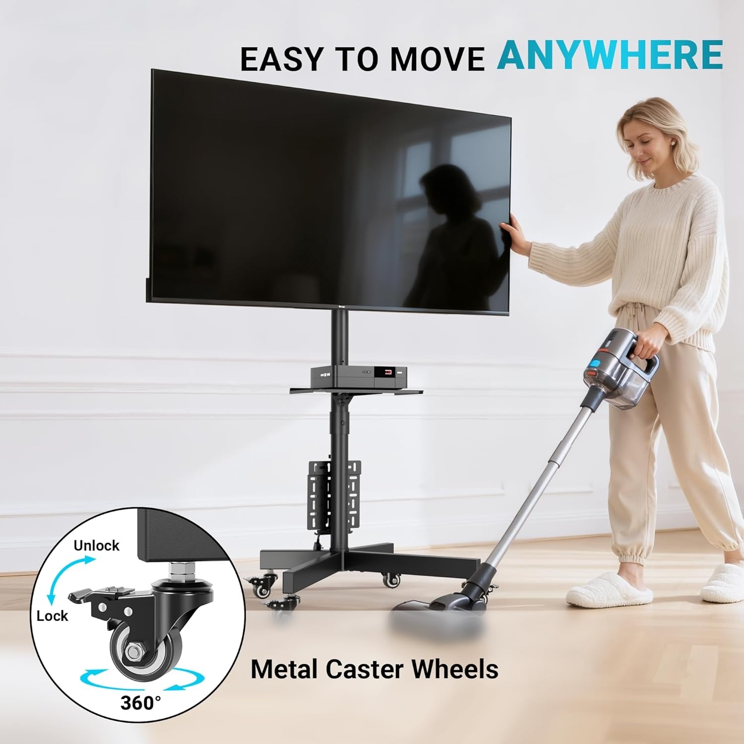 image:imageBONTEC Mobile TV Stand for 2365 Inch TVs Rolling TV Stand with Locking Wheels Adjustable Height Media Shelf Outdoor TV Stand Max VESA 400x400mm Holds Up to 88lbsBlack
