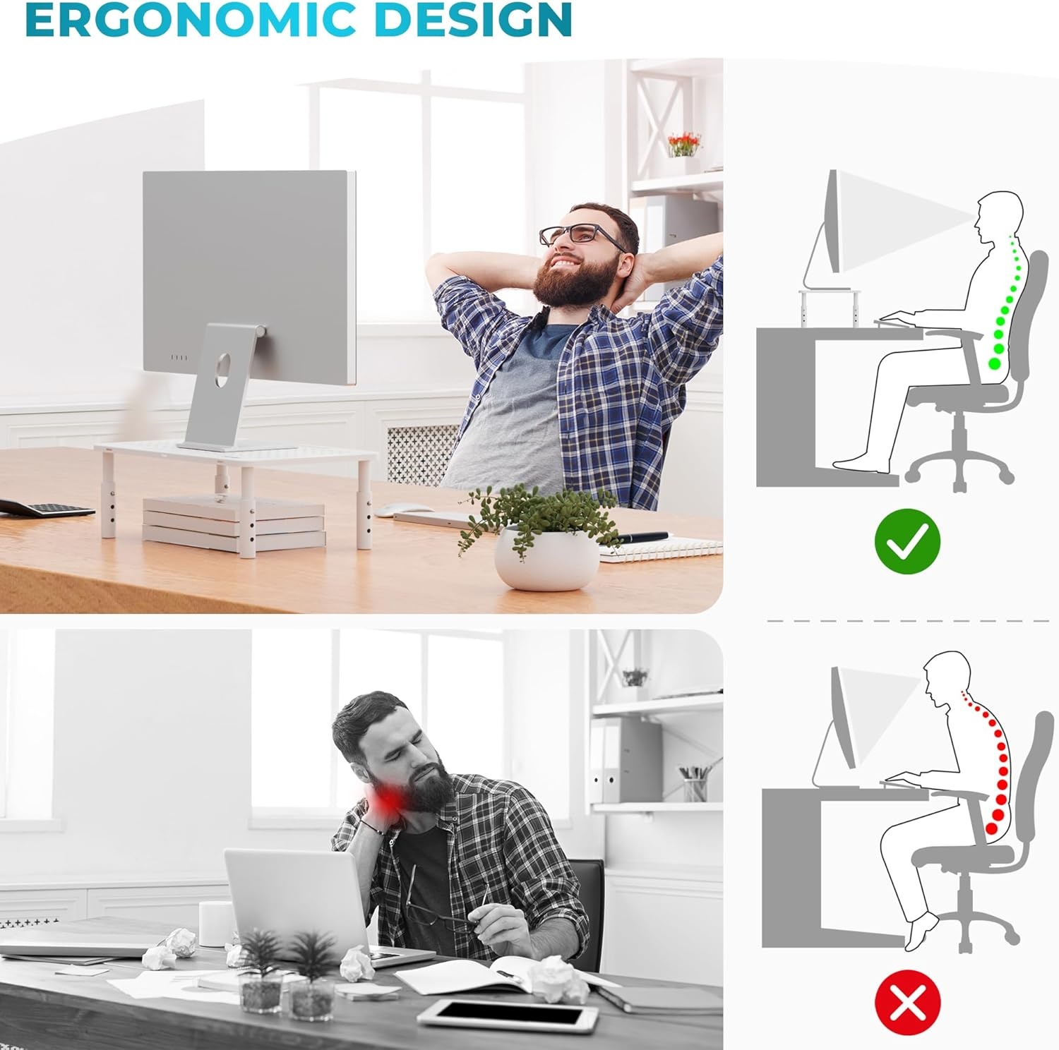 image:imageBONTEC Monitor Stand for Desk 2 Pack 3Level Height Adjustable Metal Monitor Riser 145 x 91 in Ergonomic Computer Stand with Pen Holder amp Cable Management for Printer Laptop Office WorkstationWhite