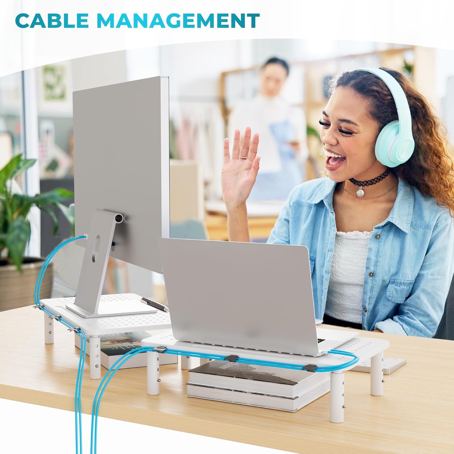 image:imageBONTEC Monitor Stand for Desk 2 Pack 3Level Height Adjustable Metal Monitor Riser 145 x 91 in Ergonomic Computer Stand with Pen Holder amp Cable Management for Printer Laptop Office WorkstationWhite