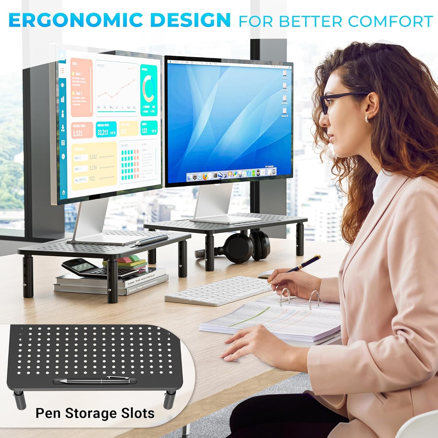 image:imageBONTEC Monitor Stand for Desk 2 Pack 3Level Height Adjustable Metal Monitor Riser 145 x 91 in Ergonomic Computer Stand with Pen Holder amp Cable Management for Printer Laptop Office WorkstationBlack