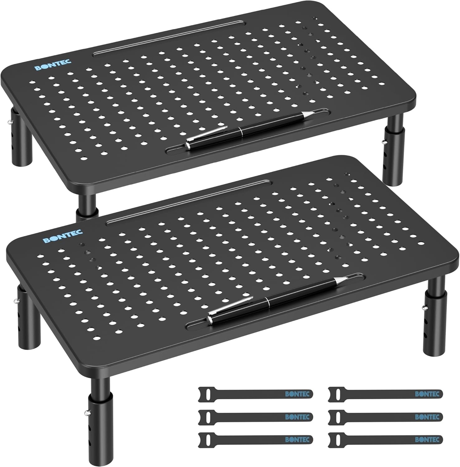 image:imageBONTEC Monitor Stand for Desk 2 Pack 3Level Height Adjustable Metal Monitor Riser 145 x 91 in Ergonomic Computer Stand with Pen Holder amp Cable Management for Printer Laptop Office WorkstationBlack