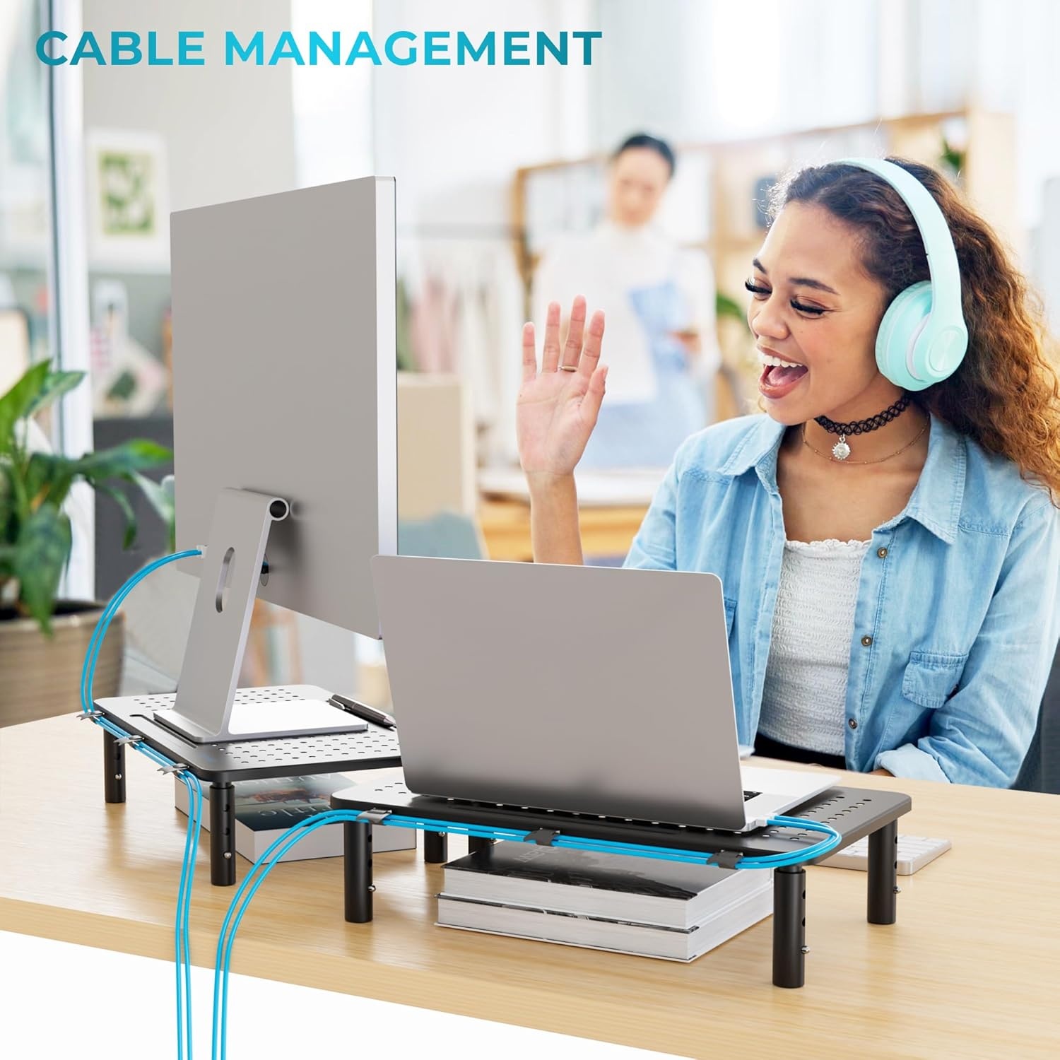 image:imageBONTEC Monitor Stand for Desk 2 Pack 3Level Height Adjustable Metal Monitor Riser 145 x 91 in Ergonomic Computer Stand with Pen Holder amp Cable Management for Printer Laptop Office WorkstationBlack