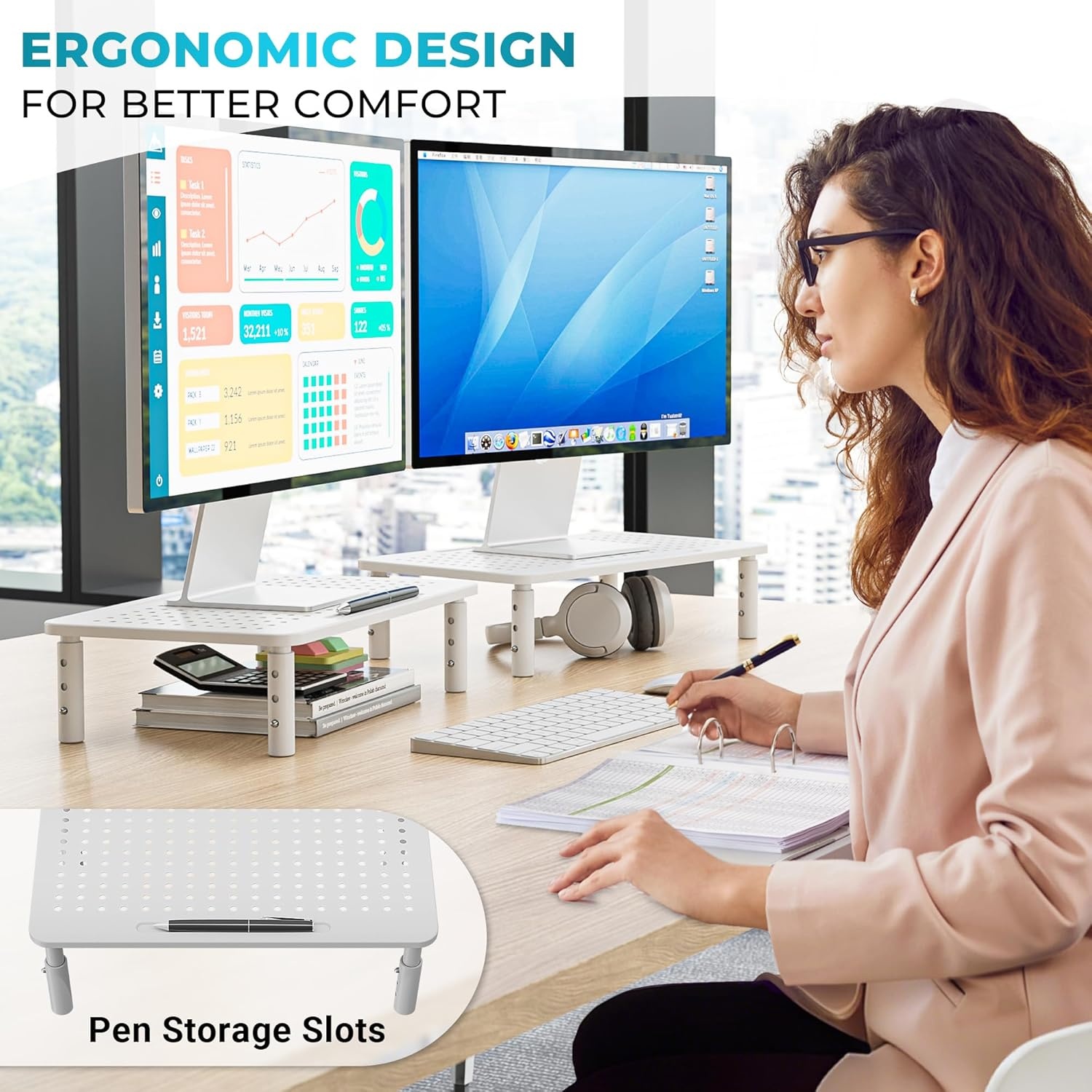 image:imageBONTEC Monitor Stand for Desk 2 Pack 3Level Height Adjustable Metal Monitor Riser 145 x 91 in Ergonomic Computer Stand with Pen Holder amp Cable Management for Printer Laptop Office WorkstationWhite