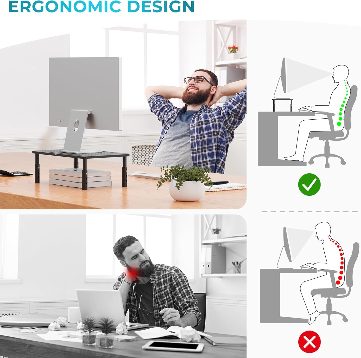 image:imageBONTEC Monitor Stand for Desk 2 Pack 3Level Height Adjustable Metal Monitor Riser 145 x 91 in Ergonomic Computer Stand with Pen Holder amp Cable Management for Printer Laptop Office WorkstationBlack