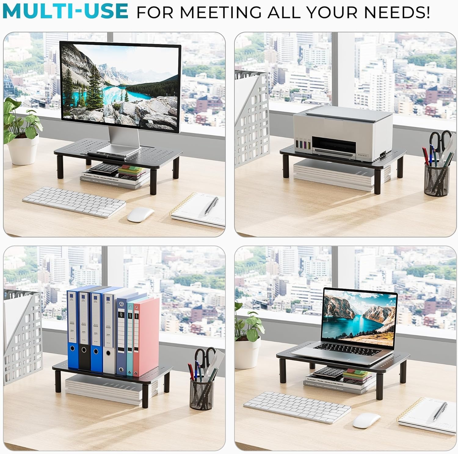 image:imageBONTEC Monitor Stand for Desk 2 Pack 3Level Height Adjustable Metal Monitor Riser 145 x 91 in Ergonomic Computer Stand with Pen Holder amp Cable Management for Printer Laptop Office WorkstationBlack