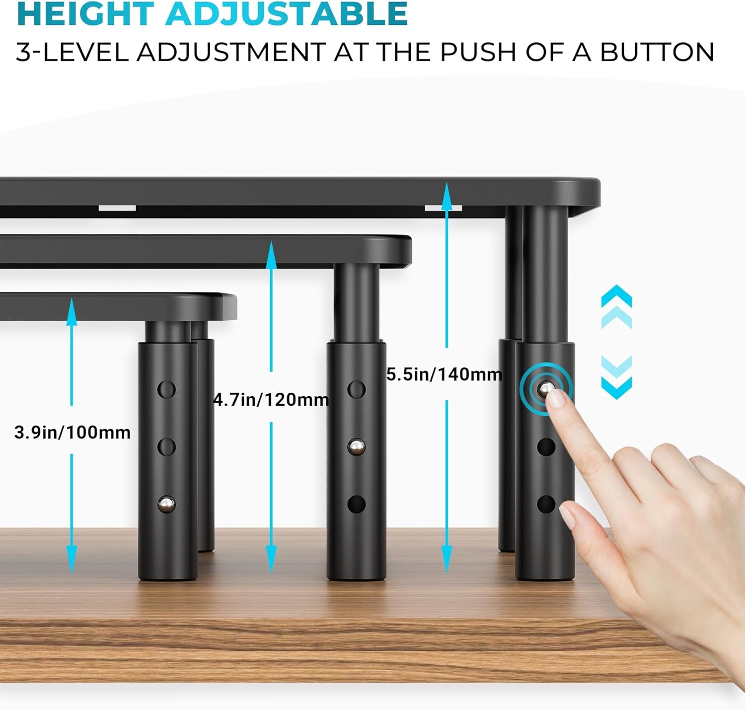 image:imageBONTEC Monitor Stand for Desk 2 Pack 3Level Height Adjustable Metal Monitor Riser 145 x 91 in Ergonomic Computer Stand with Pen Holder amp Cable Management for Printer Laptop Office WorkstationBlack