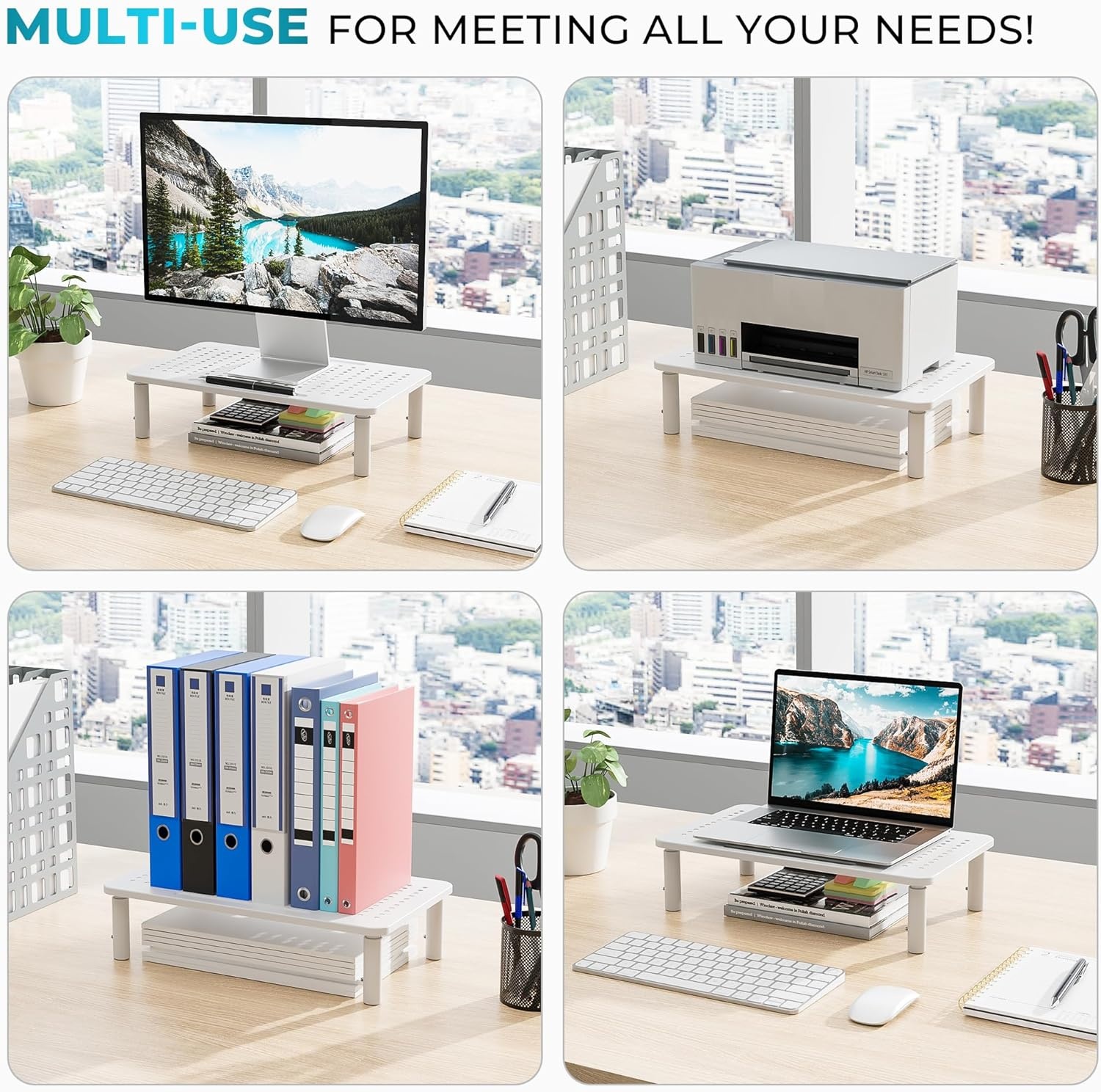 image:imageBONTEC Monitor Stand for Desk 2 Pack 3Level Height Adjustable Metal Monitor Riser 145 x 91 in Ergonomic Computer Stand with Pen Holder amp Cable Management for Printer Laptop Office WorkstationWhite