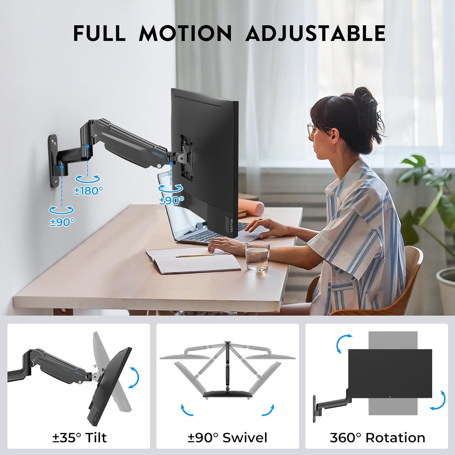 image:imageBONTEC Monitor Wall Mount Arm VESA Gas Spring Height Adjustable for 1342 Inch Screens Max 198lbs Swivel Tilt SpaceSaving Desk Mount Easy Installation Single Arm TV Mount Max VESA 200x200Single Arm