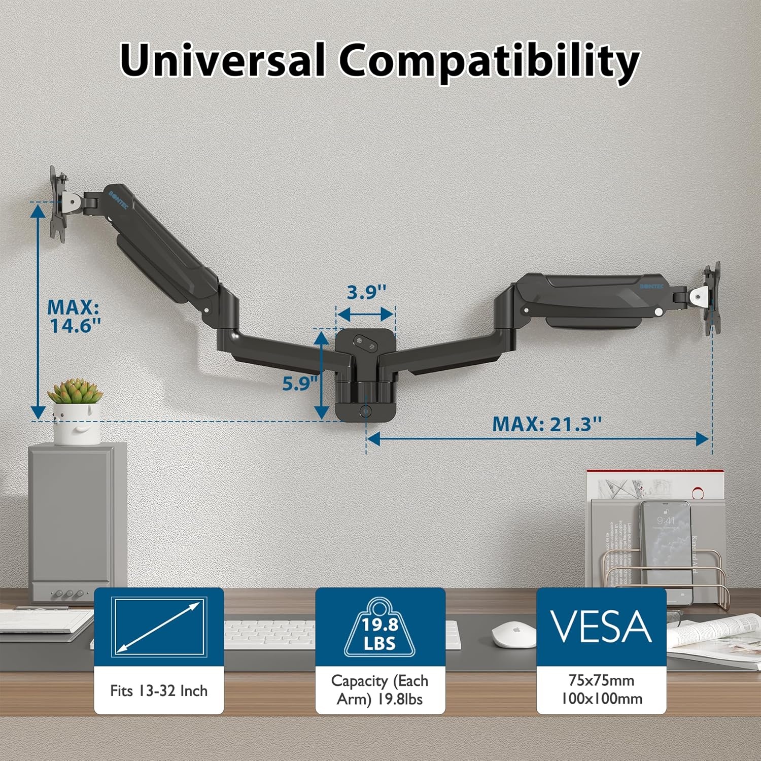 image:imageBONTEC Monitor Wall Mount Arm VESA Gas Spring Height Adjustable for 1342 Inch Screens Max 198lbs Swivel Tilt SpaceSaving Desk Mount Easy Installation Single Arm TV Mount Max VESA 200x200Dual Arms
