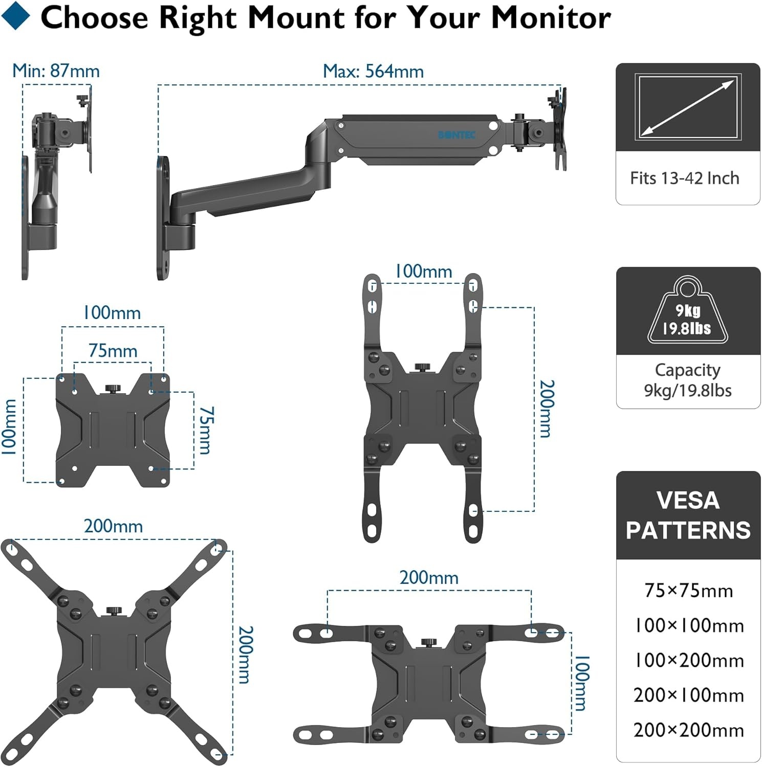 image:imageBONTEC Monitor Wall Mount Arm VESA Gas Spring Height Adjustable for 1342 Inch Screens Max 198lbs Swivel Tilt SpaceSaving Desk Mount Easy Installation Single Arm TV Mount Max VESA 200x200Single Arm